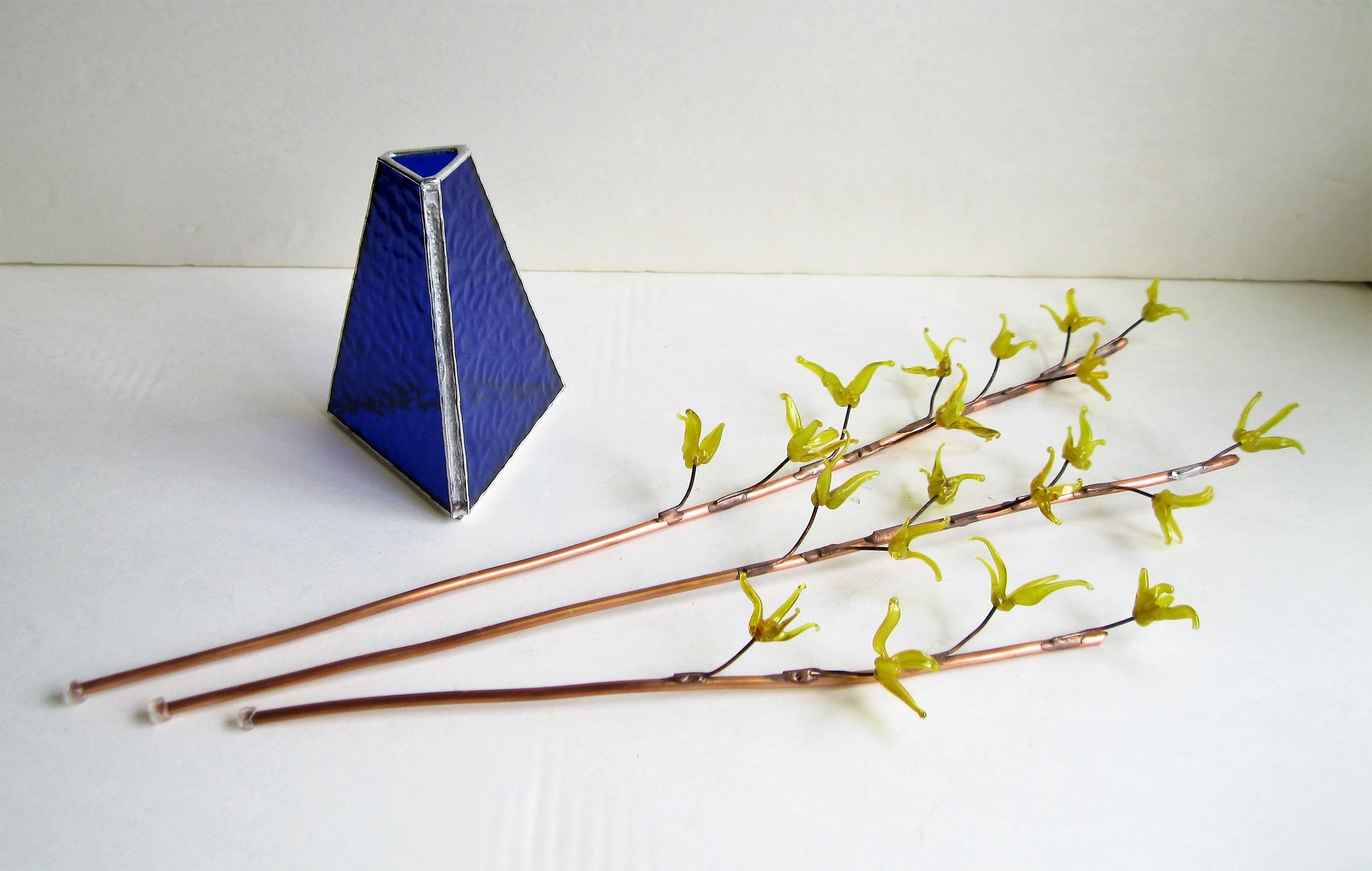 Forsythia Branches- Flame Worked Glass And Copper In Grass Green Stained Glass Vase 3 
