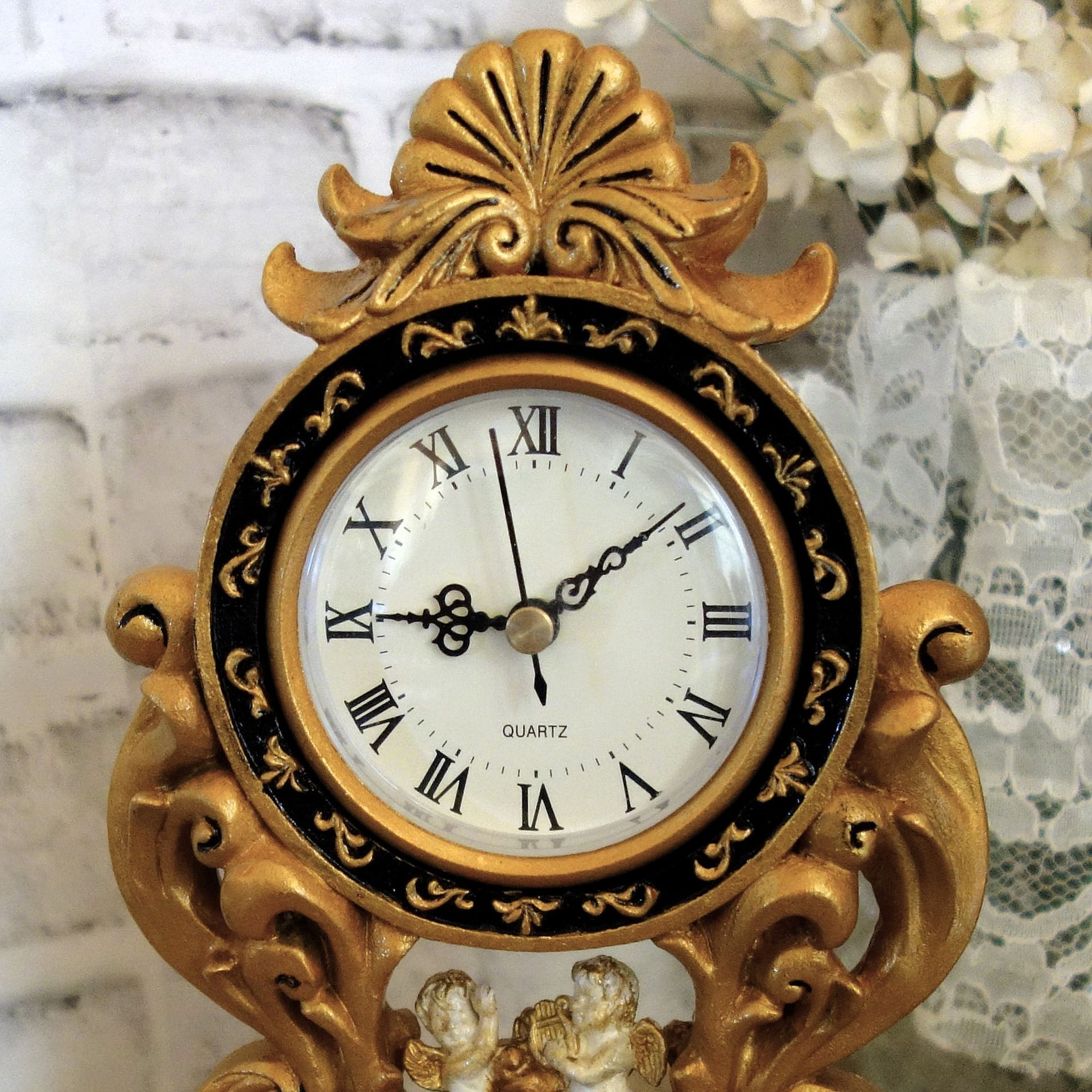 Courtly Mantle Clock Black And White Checked Baroque Clock With Cherubs 2 