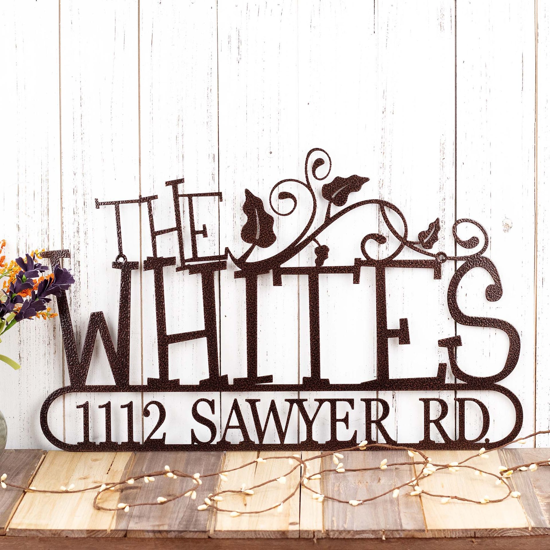 Personalized Metal Family Name and Address Sign with Vines and Scrolls