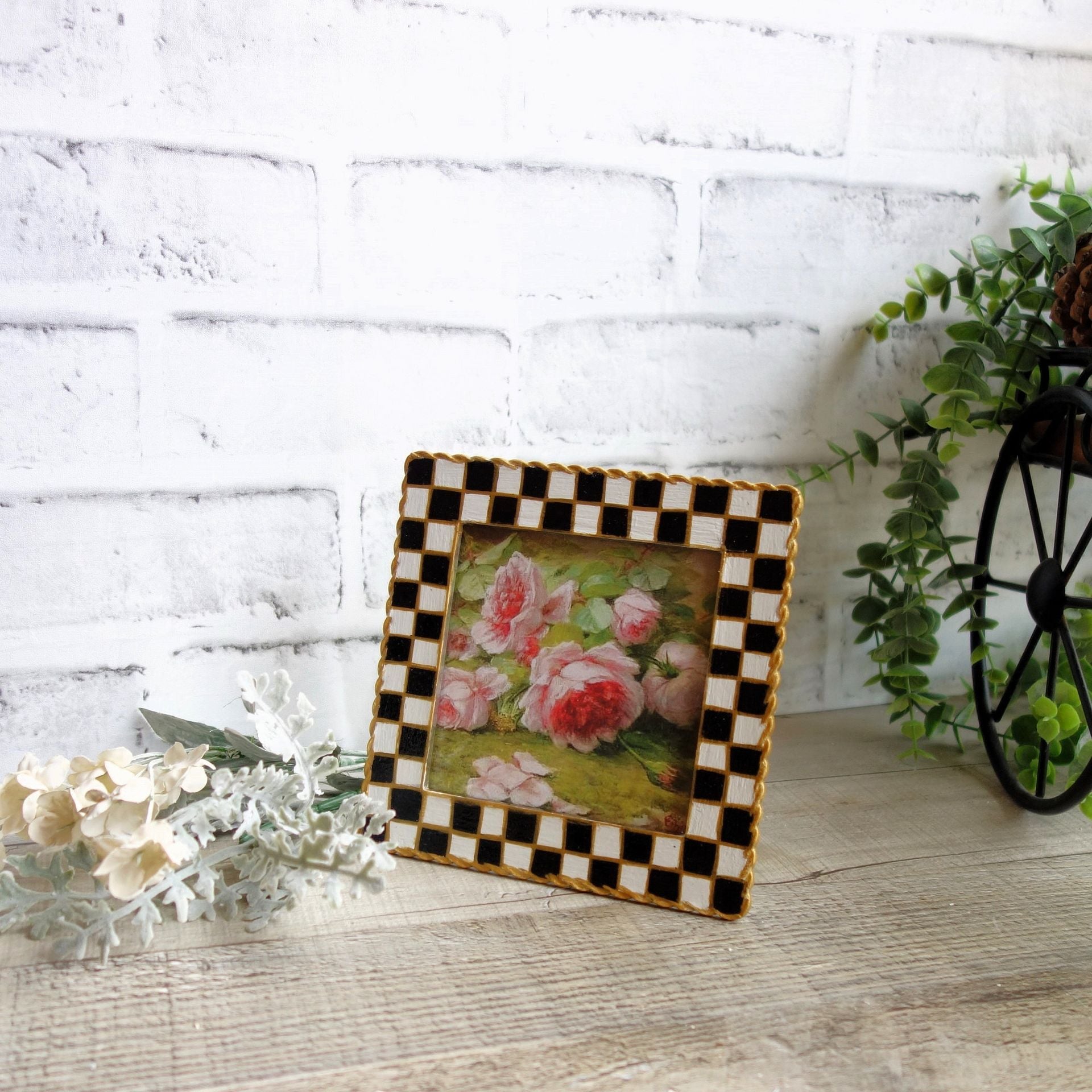 Hand Painted Checks Vintage Frame Courtly Picture Frame Pink Rose Checked Decor 3 