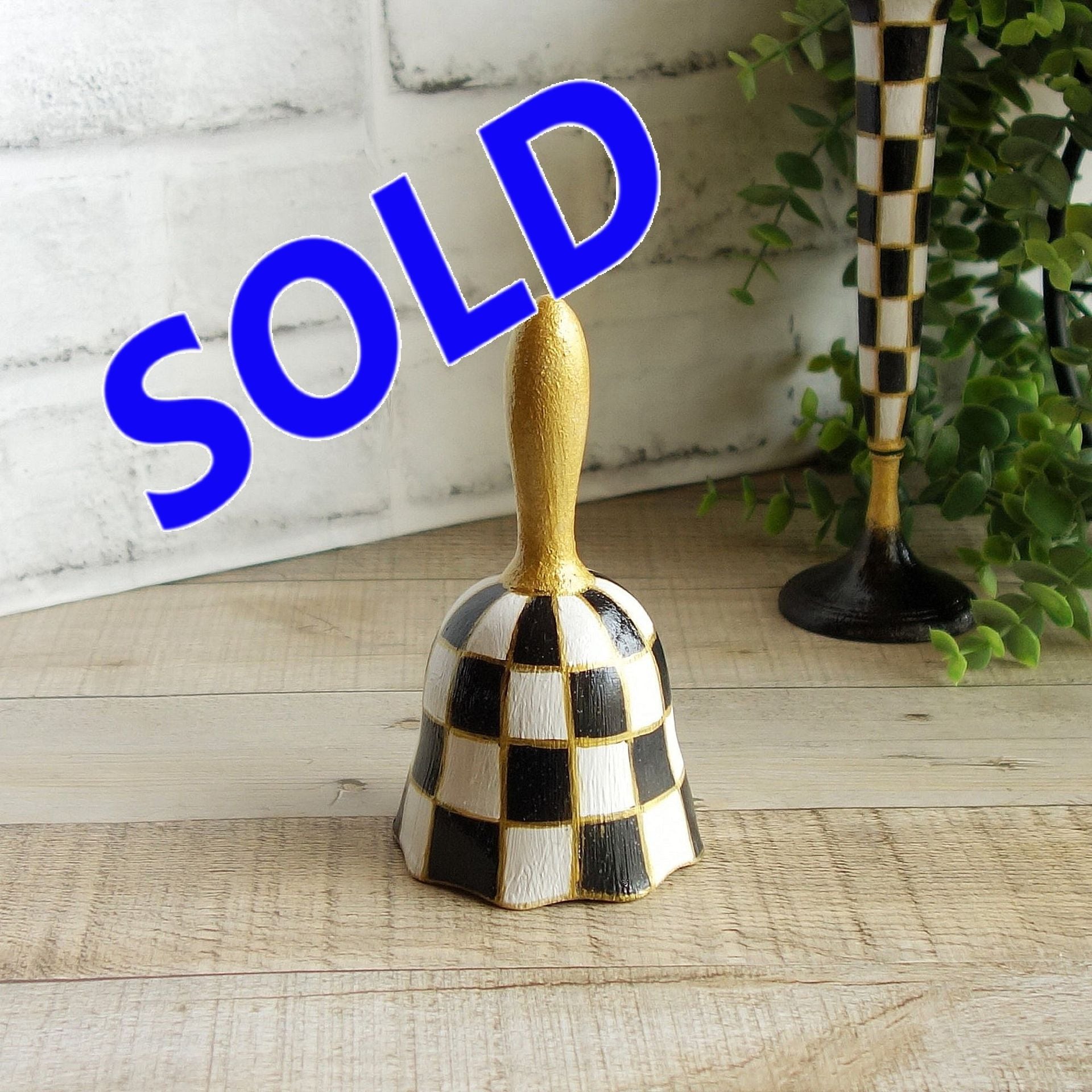 Elegant Checks Bell Black And White Check Decor Hand Painted Collectible Figurin 1 
