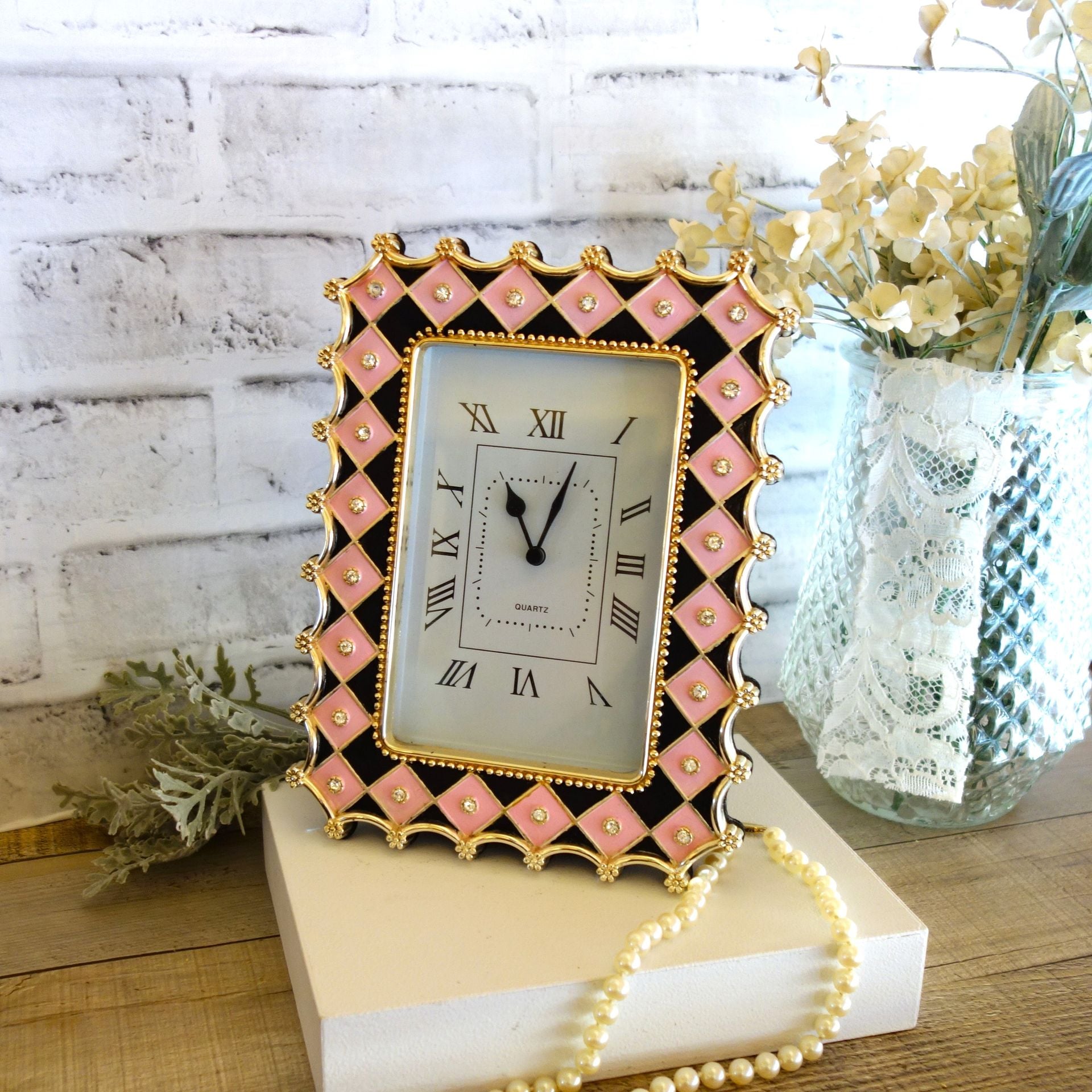Hand Painted Whimsy Diamond Checked Vintage Clock Black And Pink Checked Decor 6 