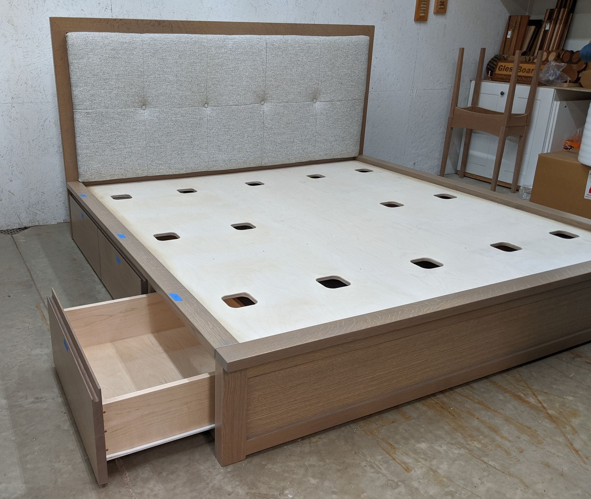 White Oak Storage Platform Bed With Padded Headboard 3 