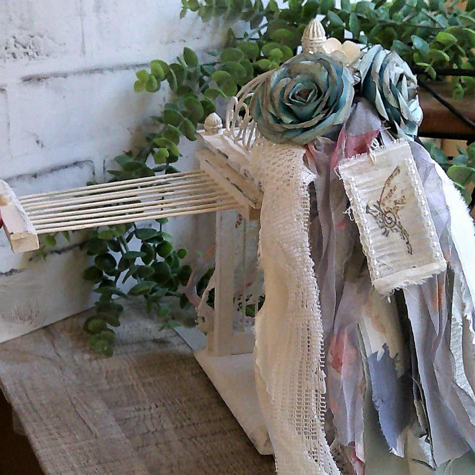 Bird Cage Clock Blue Shabby Chic Decor Handmade Vintage Roses 3 