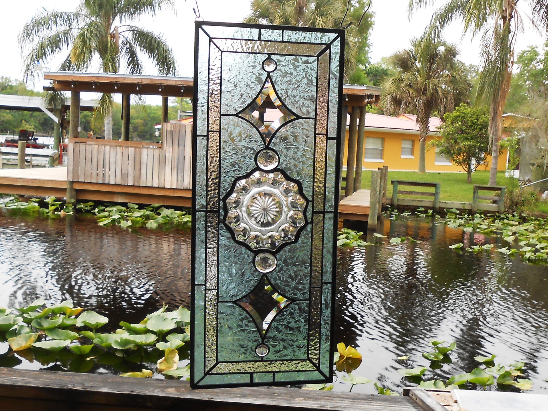 1930s Heisey Depression Glass Stained Glass Panel, Vintage Window Transom W Peerless Plate 9 