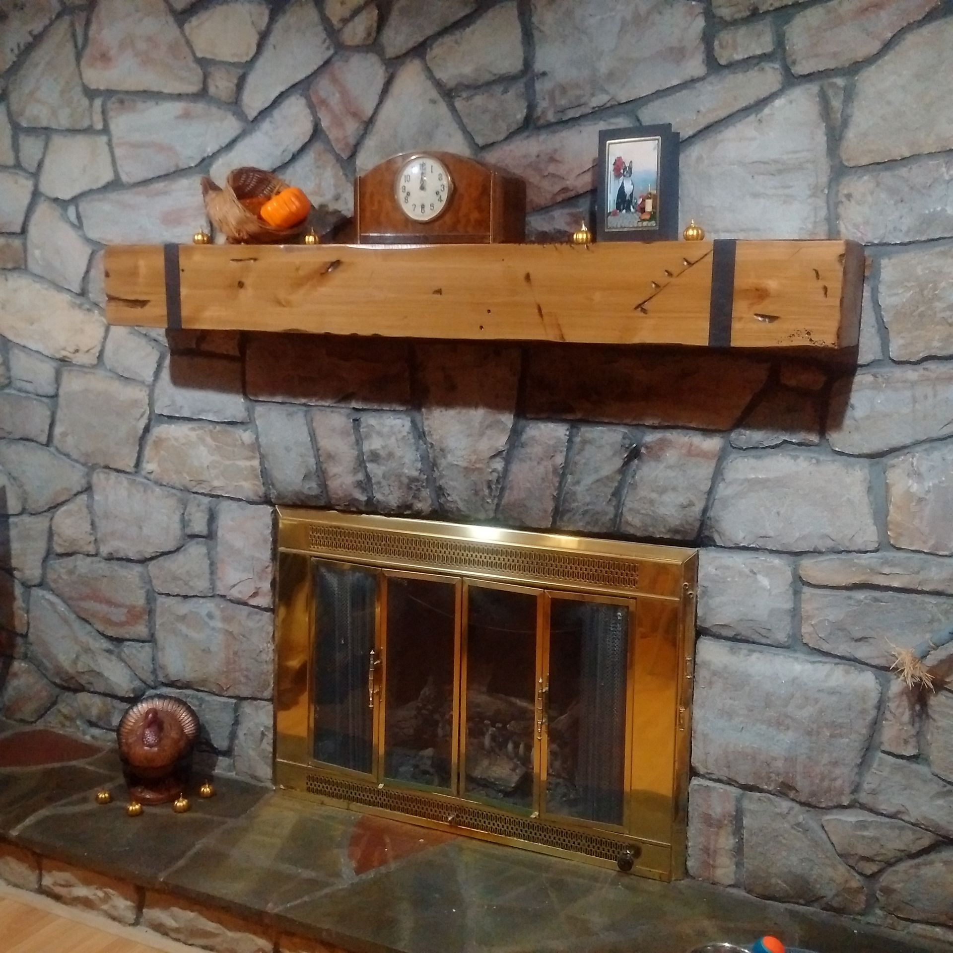 Knotty Alder Beam Mantel With Thick Hand Hammered Straps 5