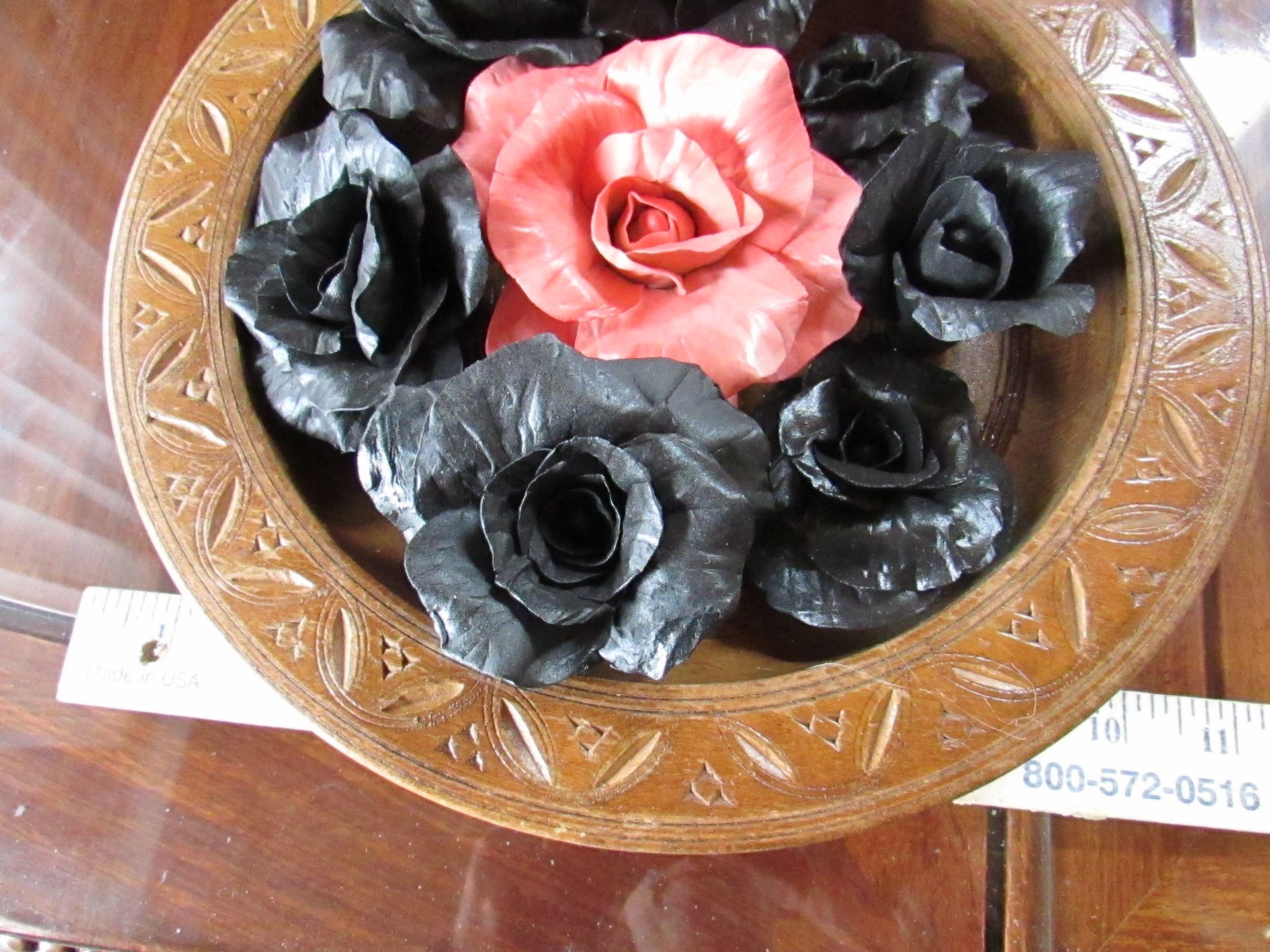 Carved Wood Bowl With Huge Pink Porcelain Rose Surrounded By Black Roses