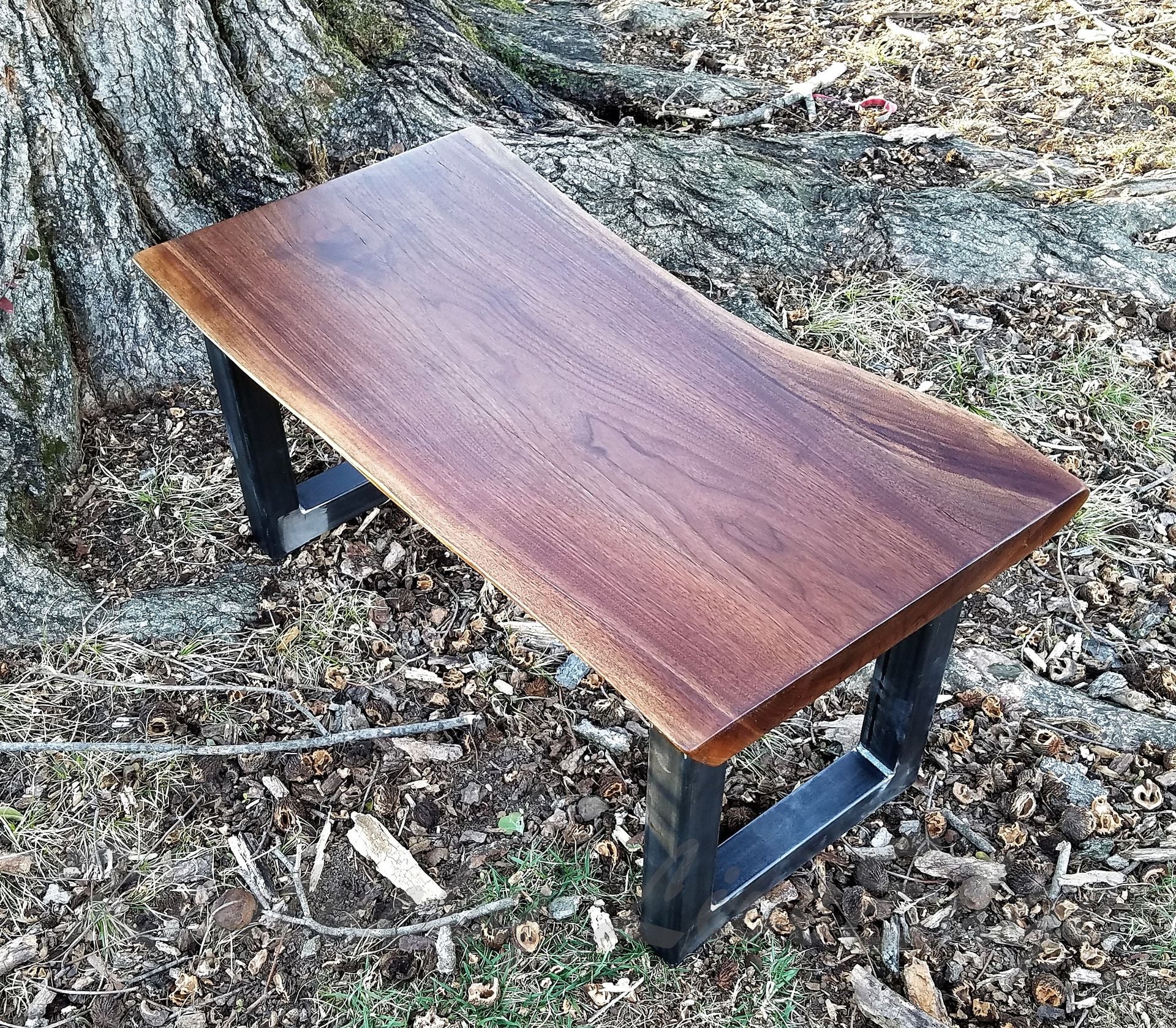 Walnut Coffee Table- Live Edge Table- Dark Wooden Coffee Table- U Shape Legs- Modern 3 