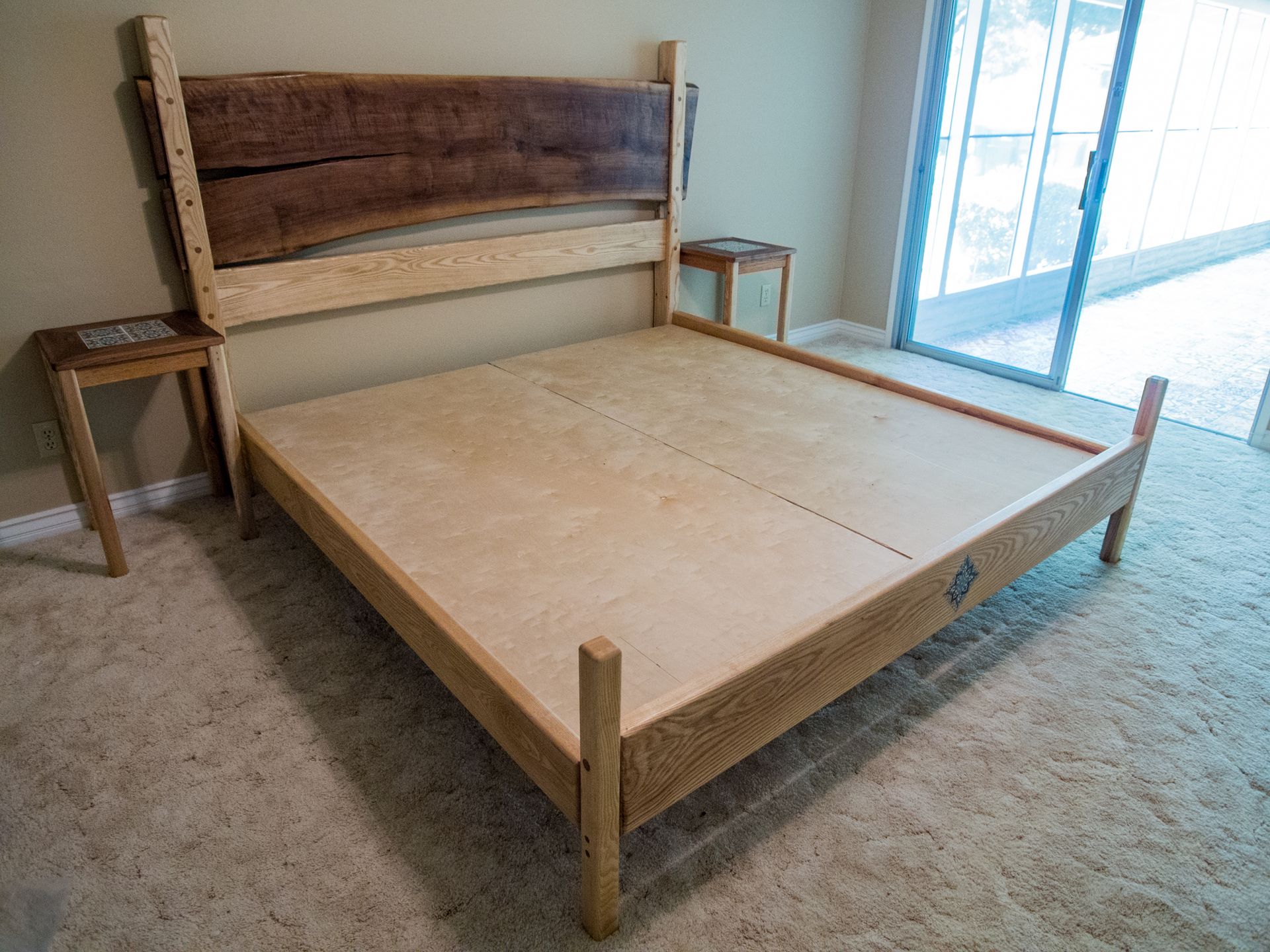 Bed, King Size - Ash, Oak And Walnut Flitch With Matching Nightstands.