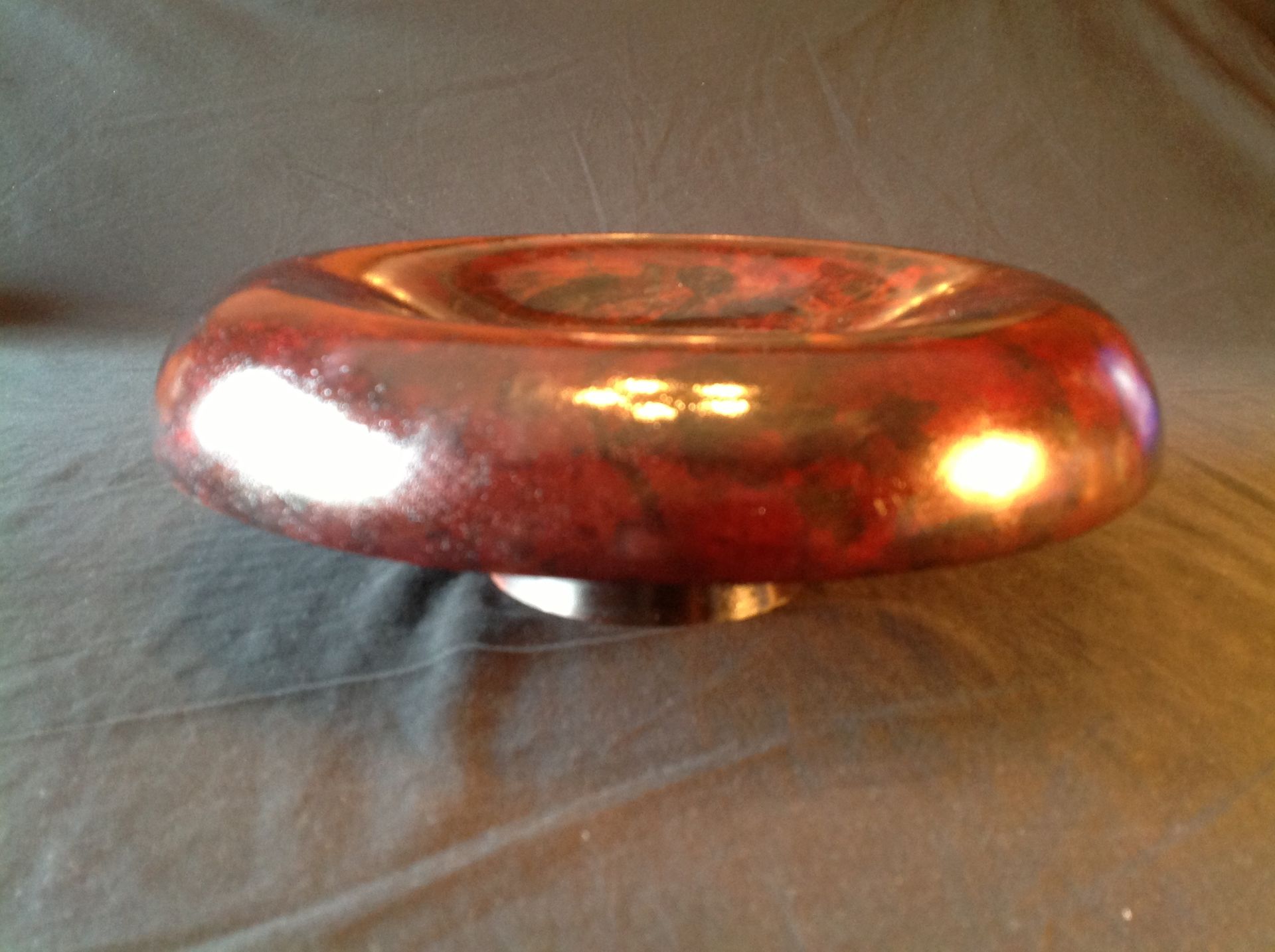 Thirteen Inch Mahogany Pedestal Bowl With Hand Applied Colors