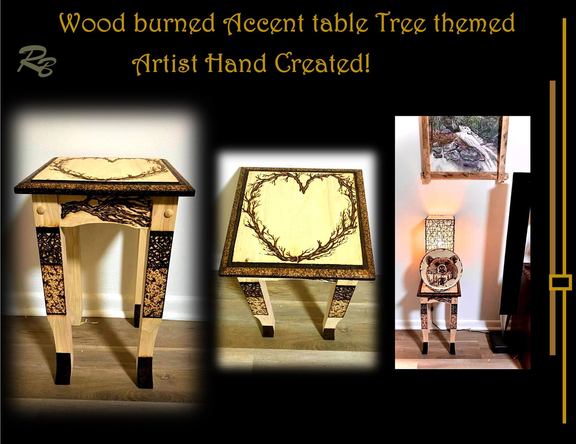 Custom, Side Table, End Table, Accent Table, Wood Burned Images, 2