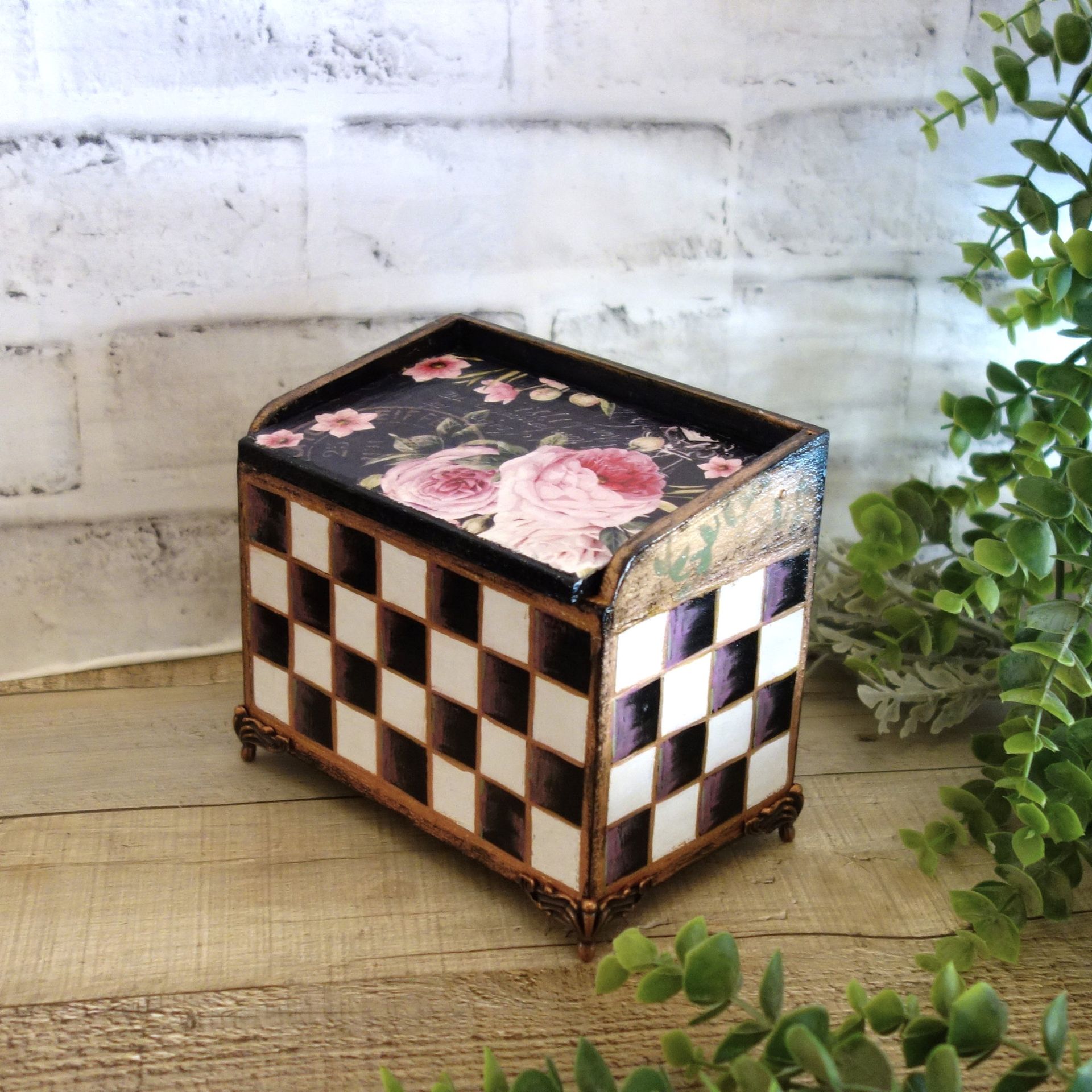 Hand Painted Whimsy Checks Pink Rose Decor Keepsake Box 4 
