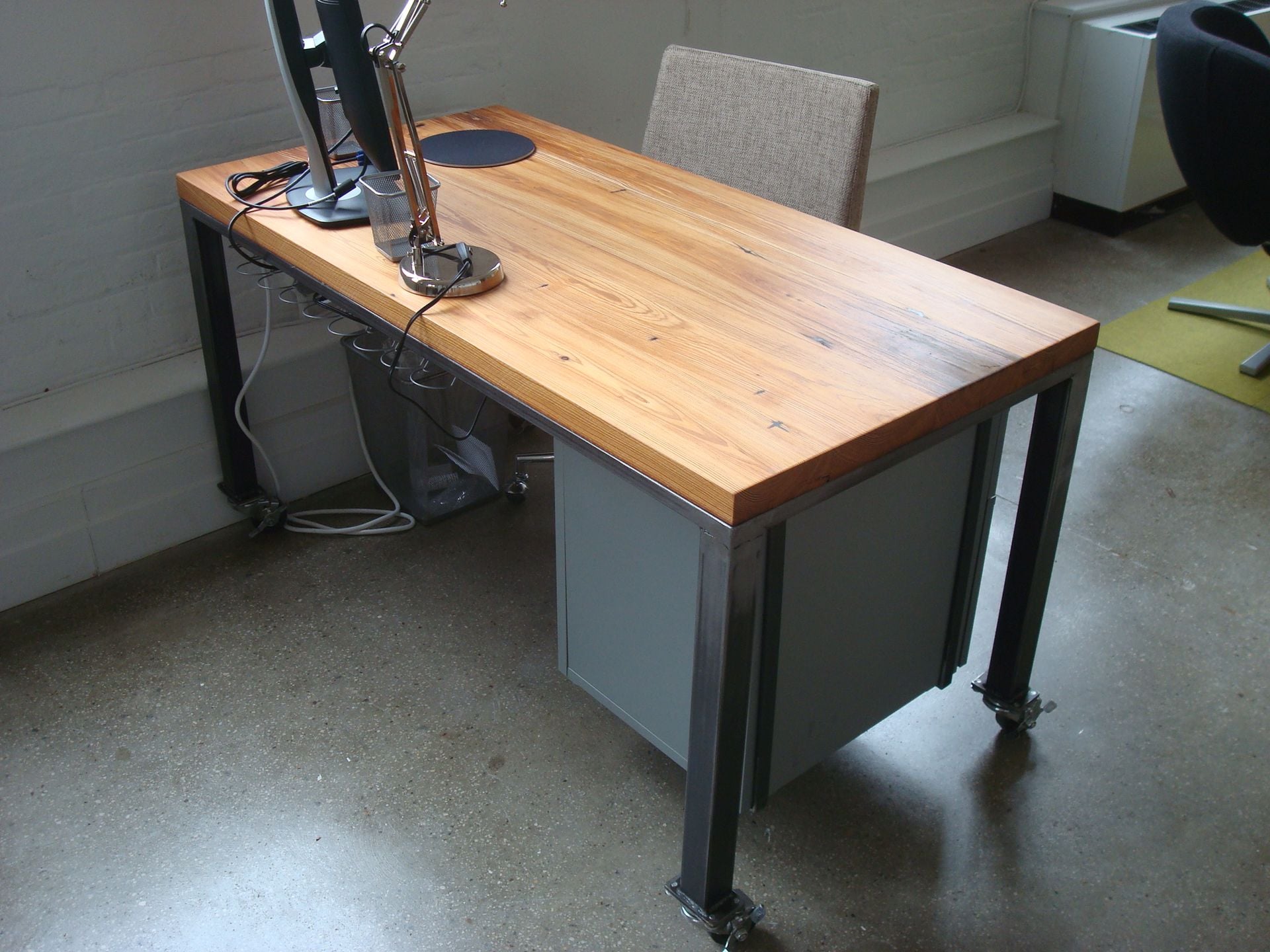 Wood And Steel Desk On Casters 6 
