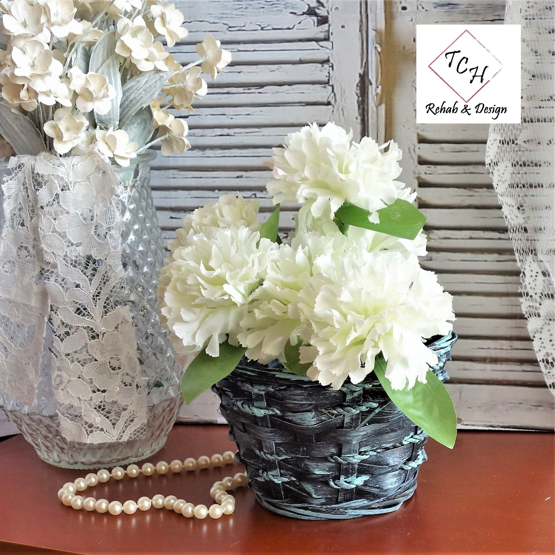 Basket Black And Teal Rope Wrapped Basket With White Carnations 1 