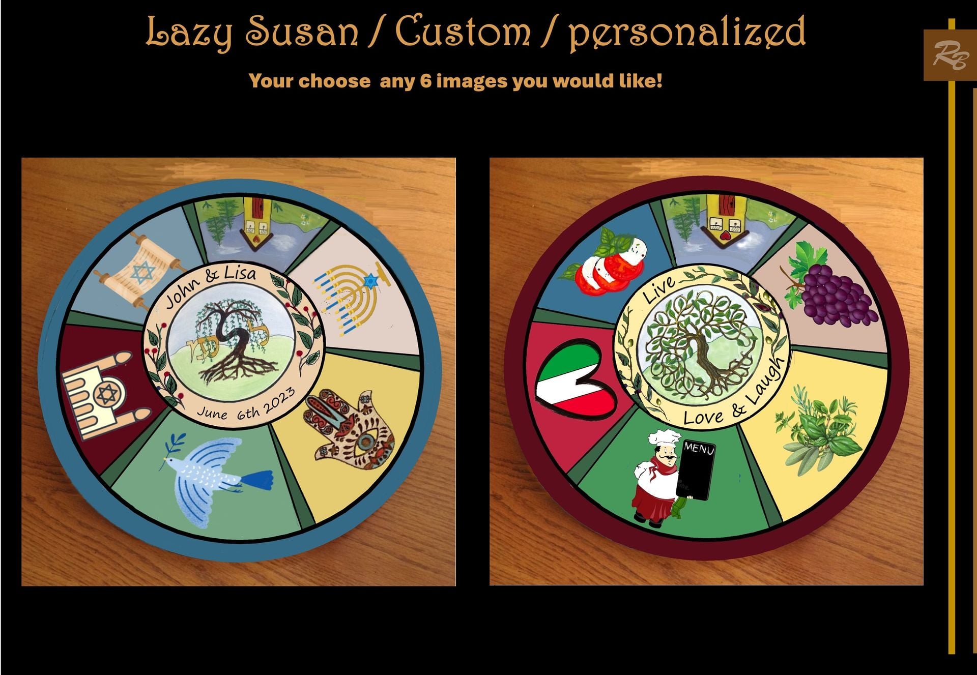 Lazy Susan, Personalized, Hand Painted, Judaism, Hebrew, Italian, Text 609 864-8210 For Information 5 