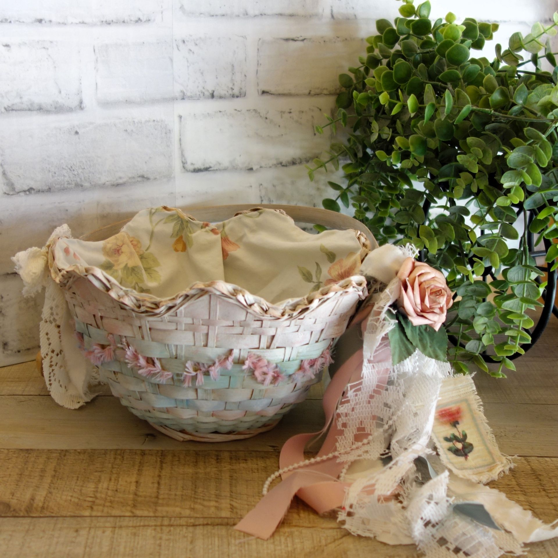 Pink And Green Shabby Chic Decor Rose Basket 6 