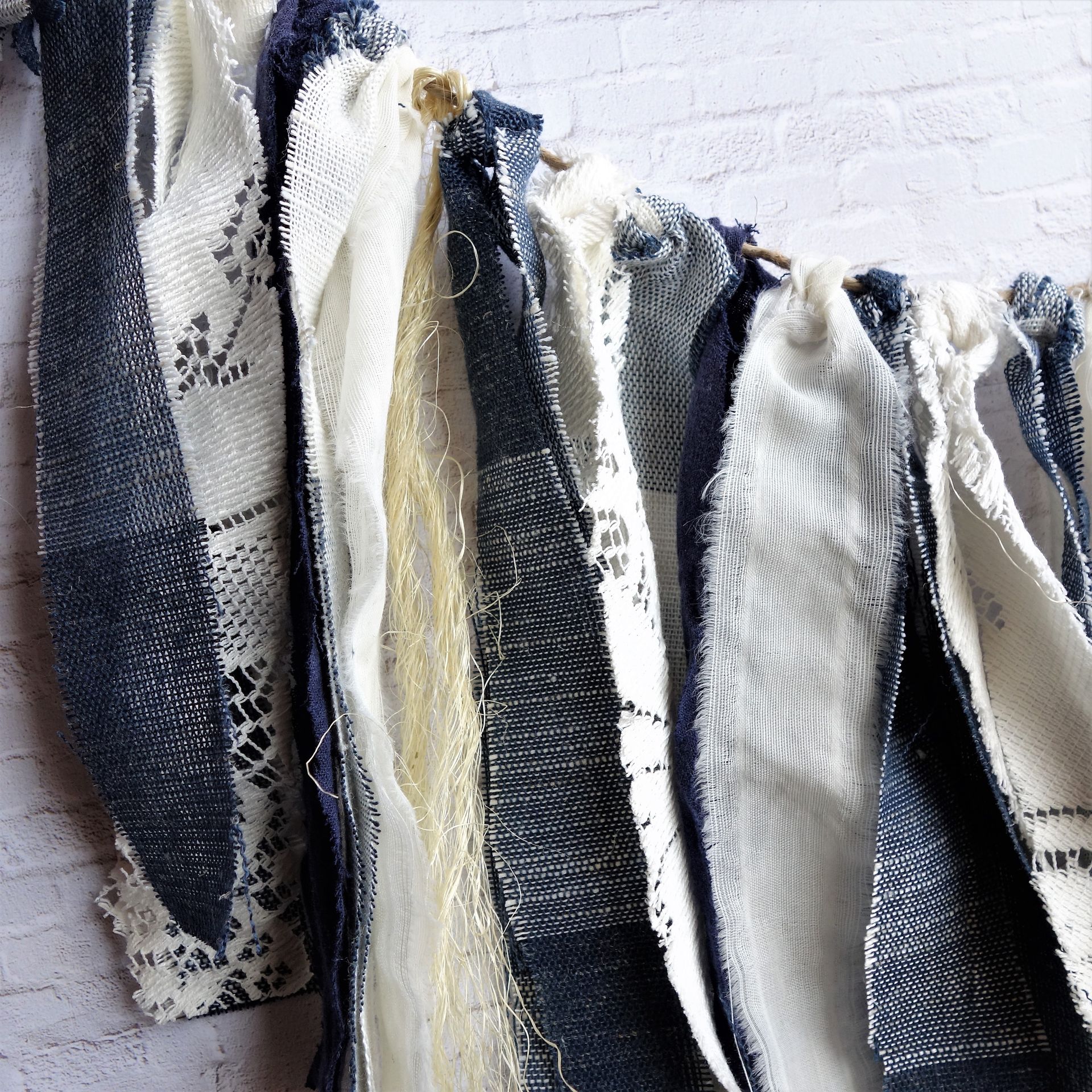 Farmhouse Rag Garland Navy Blue Plaid Window Valance Mirror Swag 3 