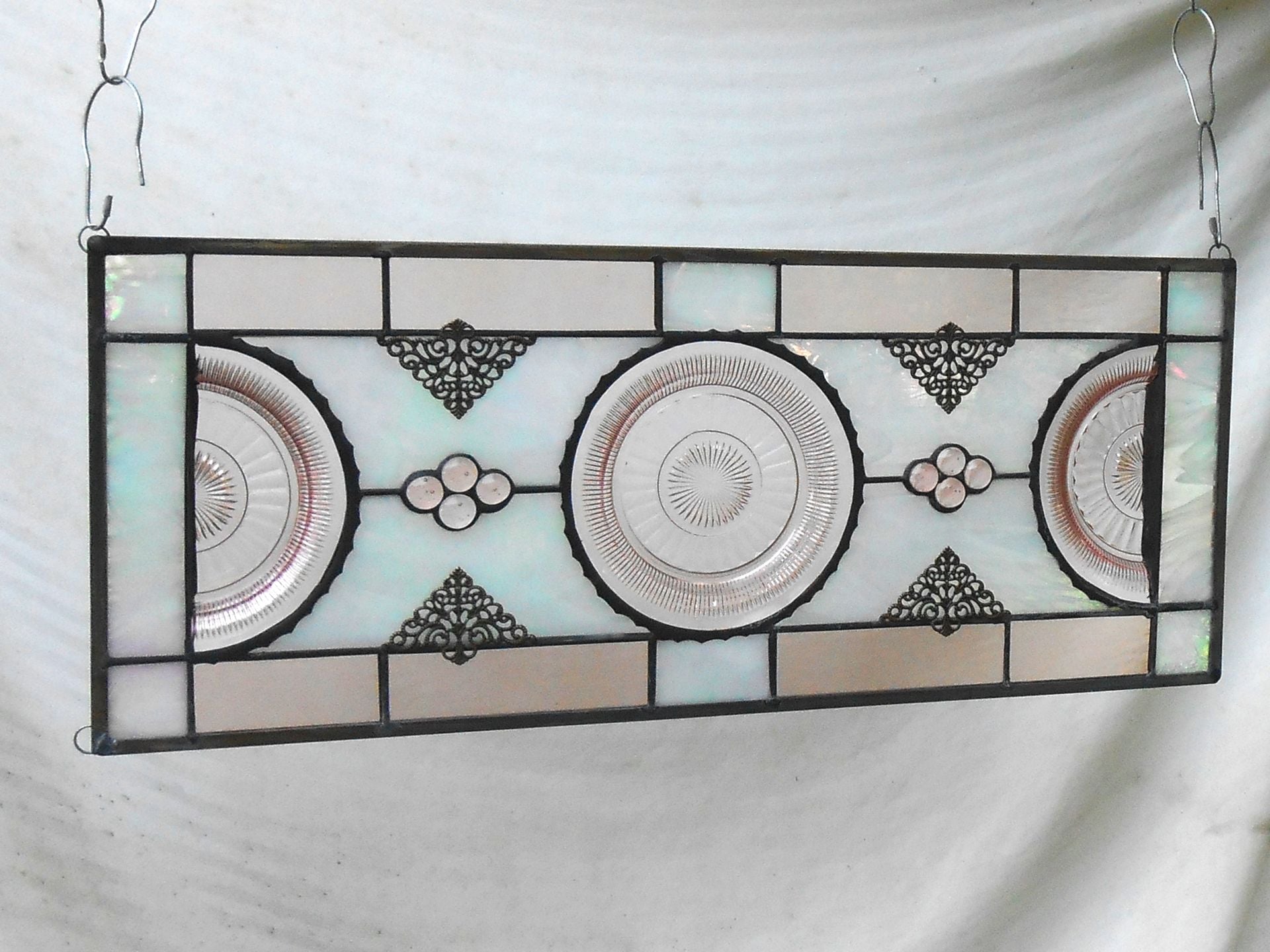 Pink Depression Glass Coronation Plates, Antique Stained Glass Transom Window