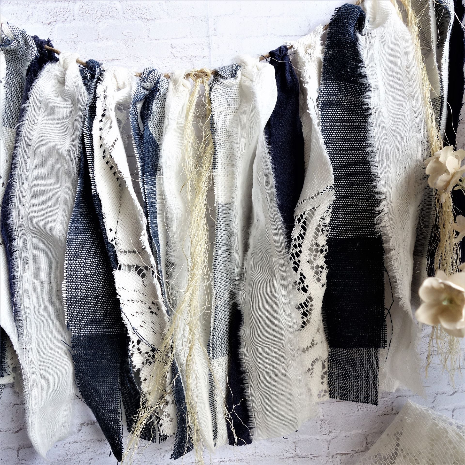 Farmhouse Rag Garland Navy Blue Plaid Window Valance Mirror Swag 4 