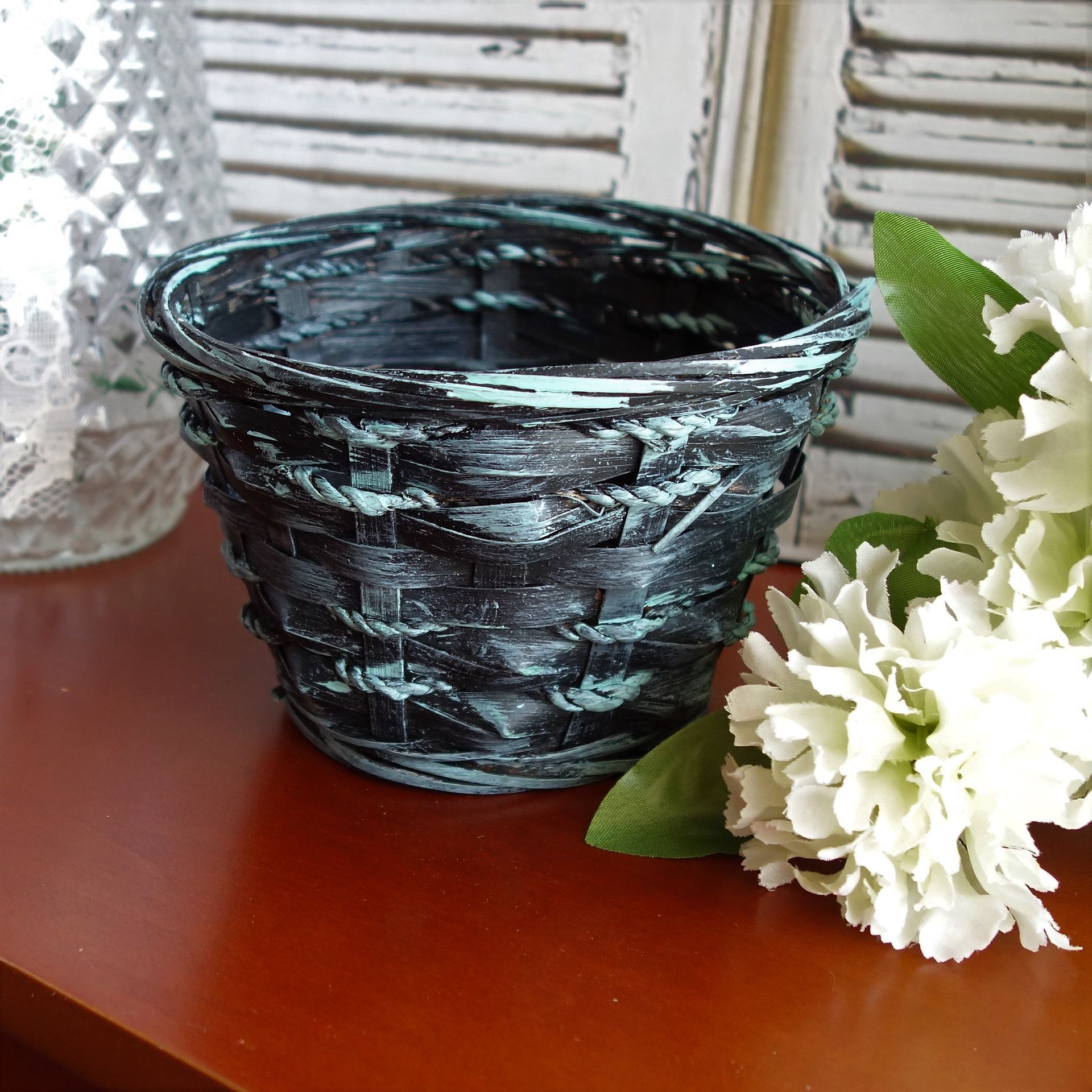 Basket Black And Teal Rope Wrapped Basket With White Carnations 3 