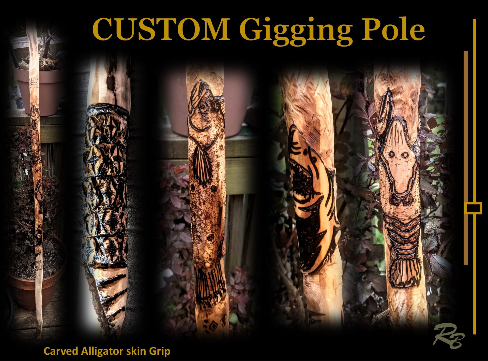 Flounder, Gigging, Poles, Hand Carved, Wood Burned, 5ft, Wood Pole 1