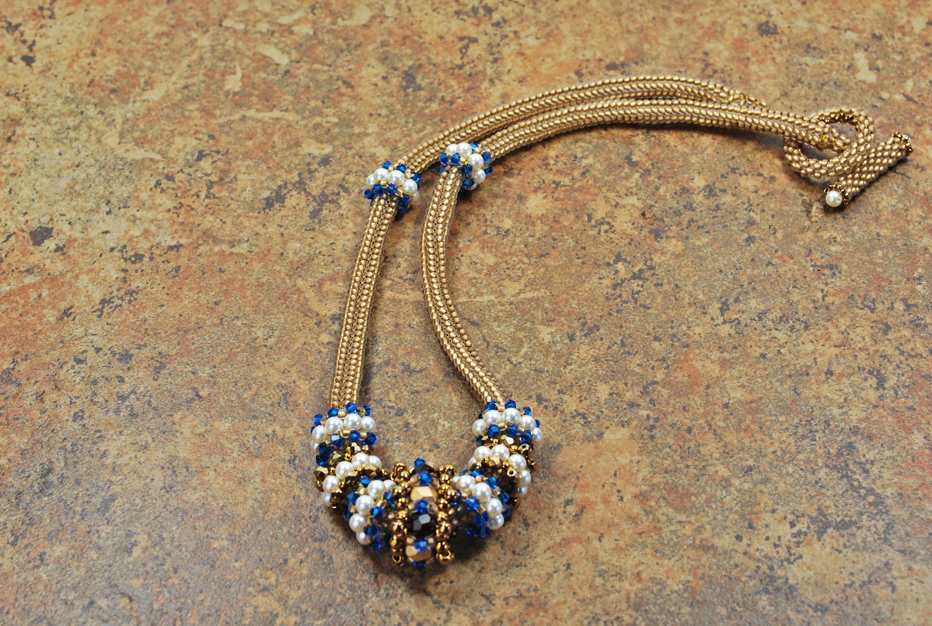 Bronze And Sapphire Beaded Necklace With Pearl And Crystal Beaded Beads 5
