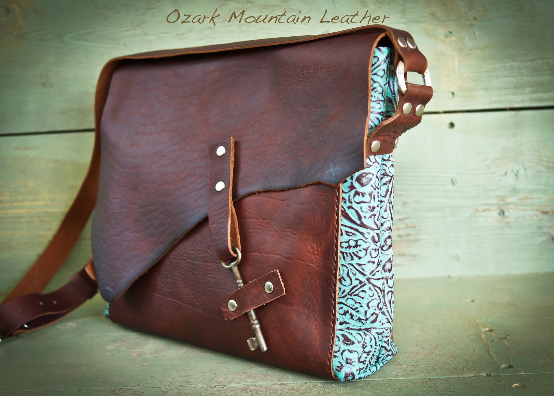 Bison Leather And Turquoise Skeleton Key Bag Or Purse. 2