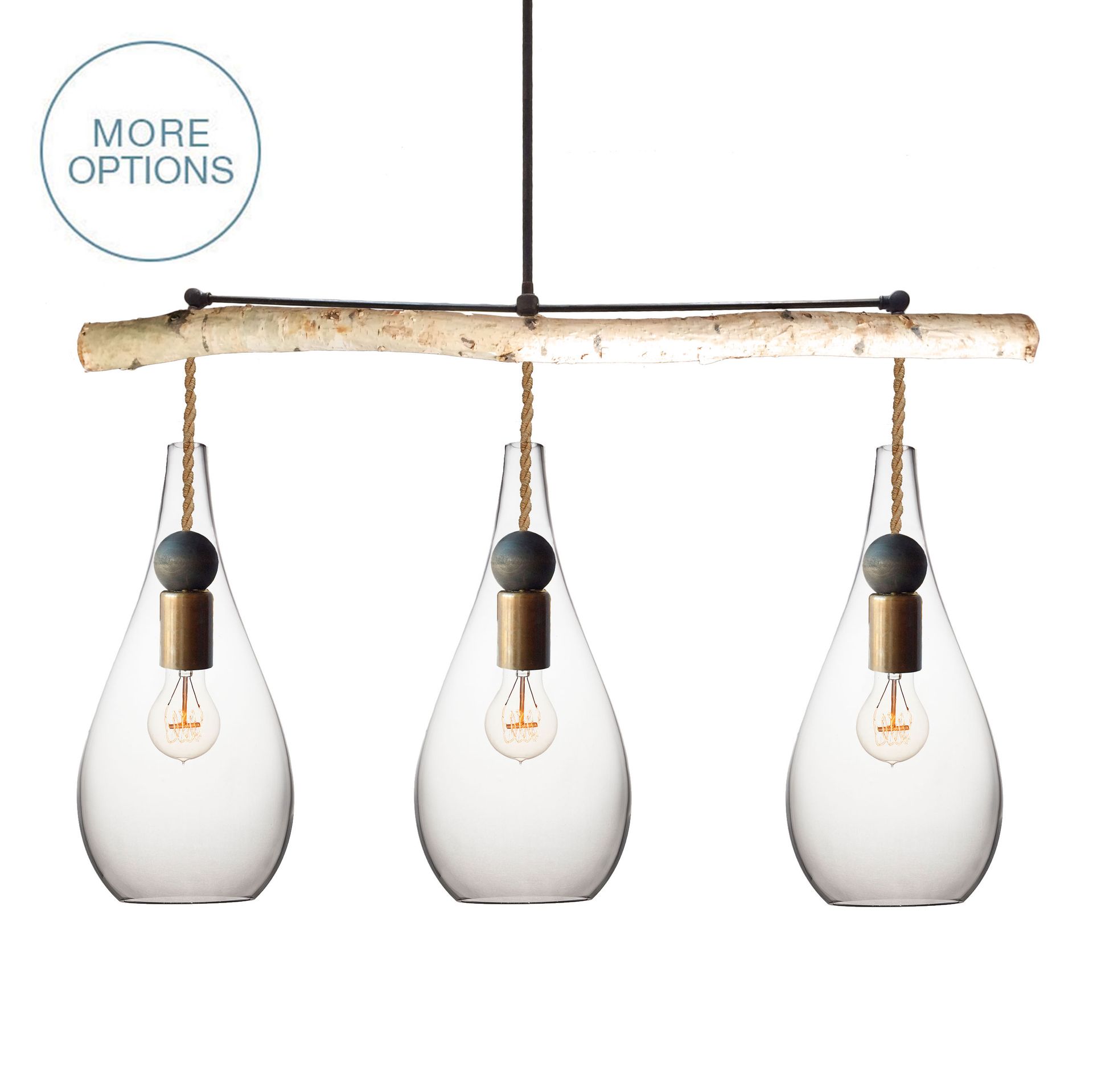Hand Blown Teardrop Glass & Birch Wood Chandelier- Ship Rope