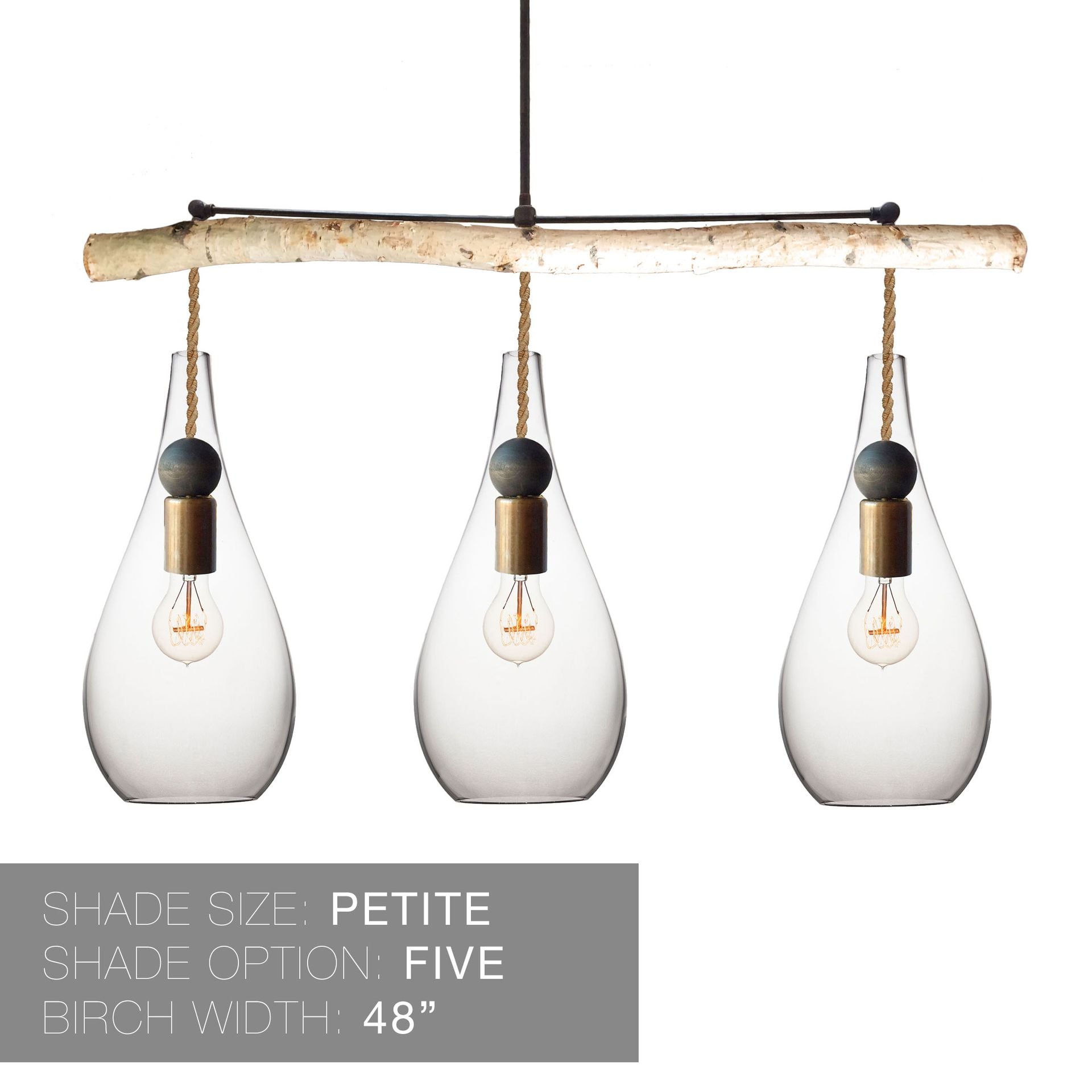 Hand Blown Teardrop Glass & Birch Wood Chandelier- Ship Rope 6 