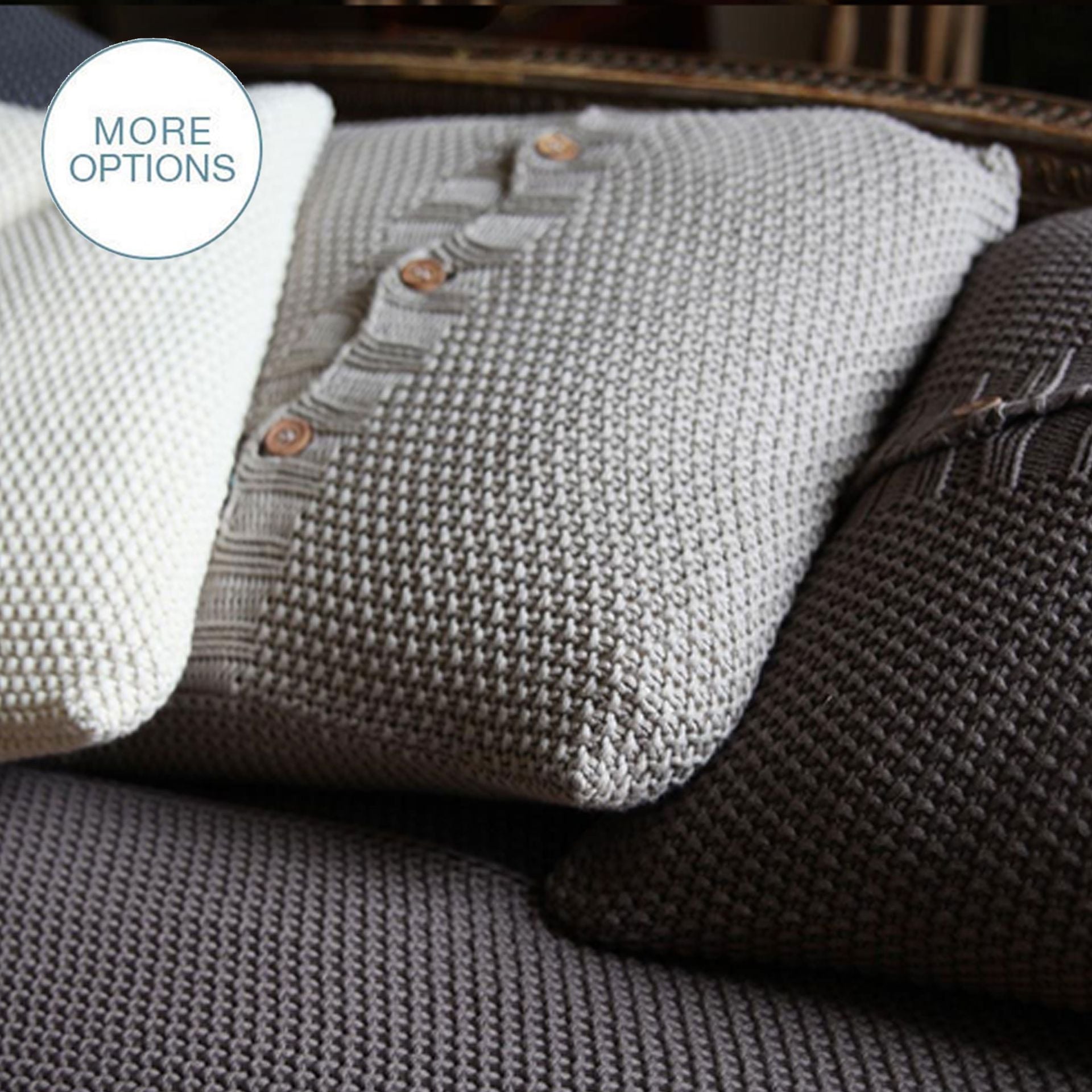 Handmade Chunky Crochet Knit Pillow With Wood Buttons- Charcoal