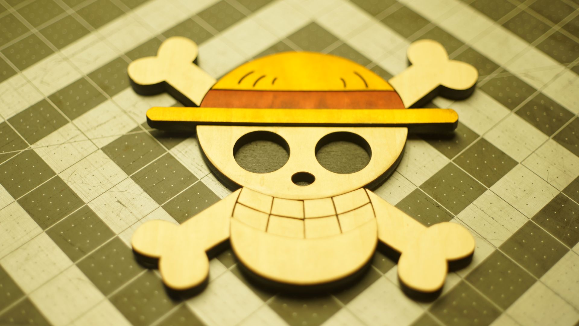 Wooden One Piece Straw Hat Jolly Roger
