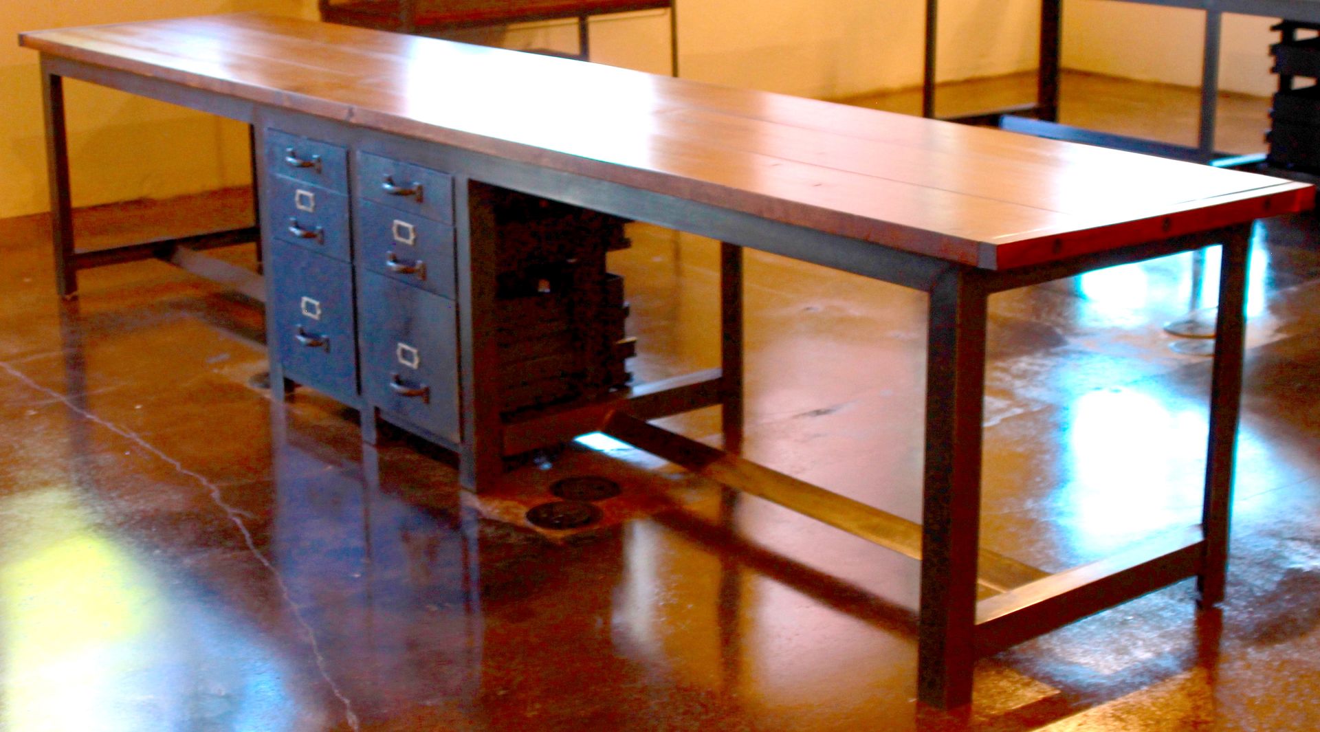 Large Two Person Industrial Desk With Built In Drawers, Iron And Pine