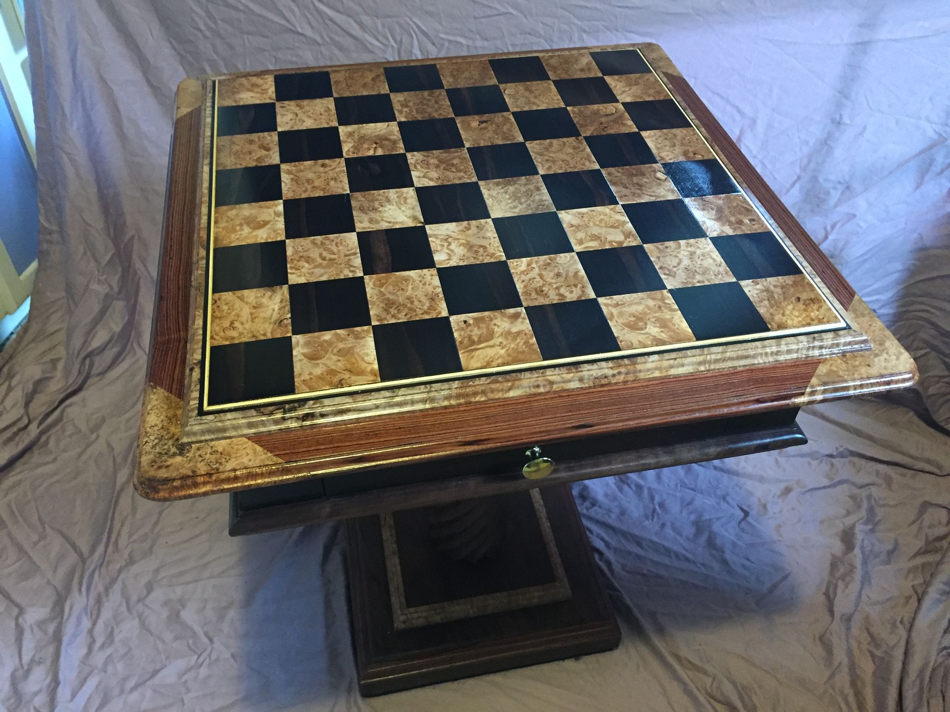 Custom Chess Table In Kingwood, Ebony, Maple Burl, And Walnut