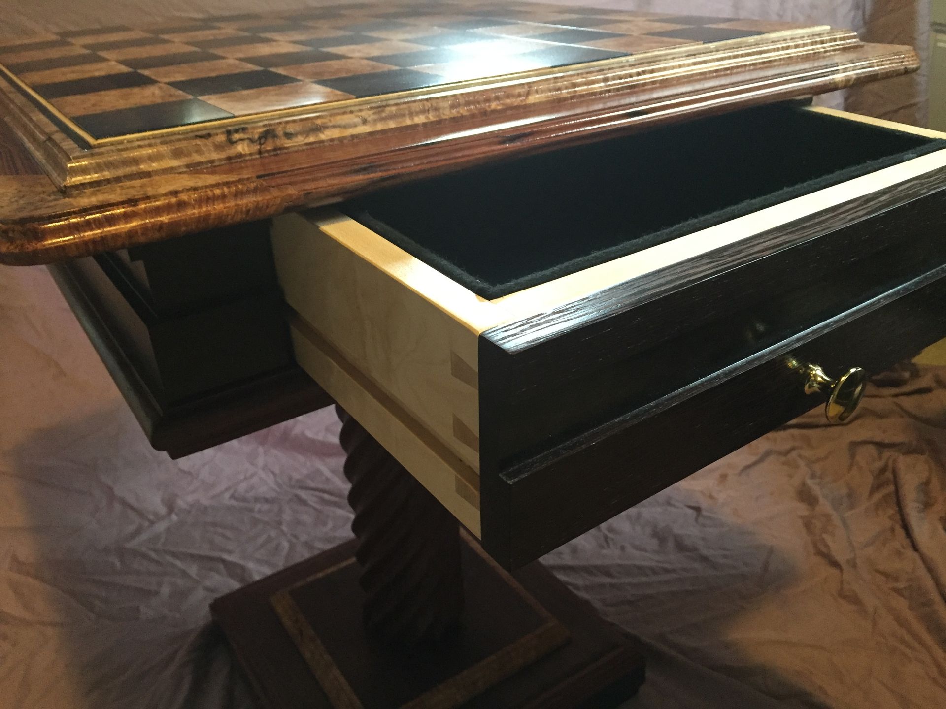 Custom Chess Table In Kingwood, Ebony, Maple Burl, And Walnut 3