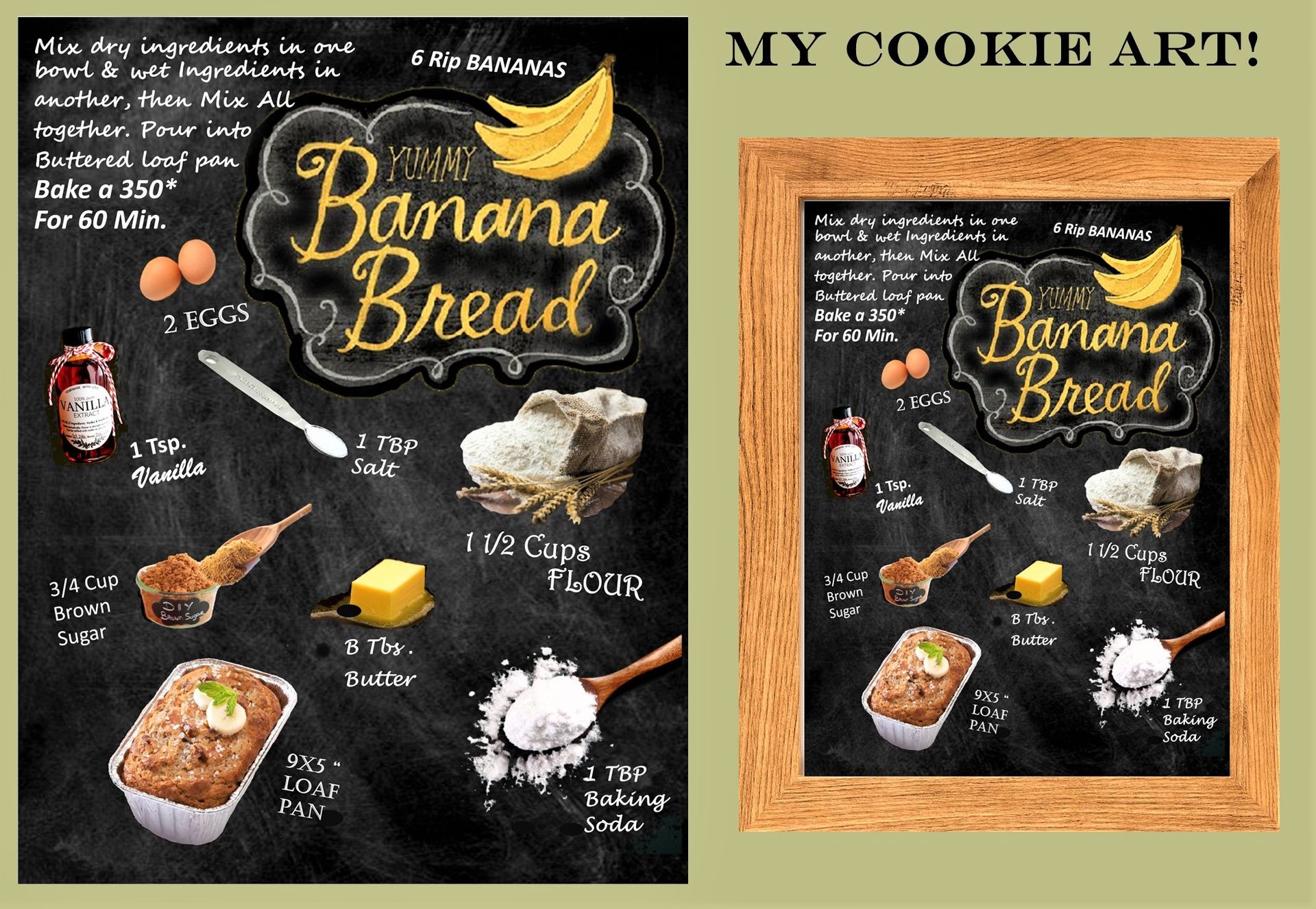 Banana Bread Recipe Art, Recipe Art, Kitchen Art, Black Board Recipes, Kitchen Décor, Chef Gift