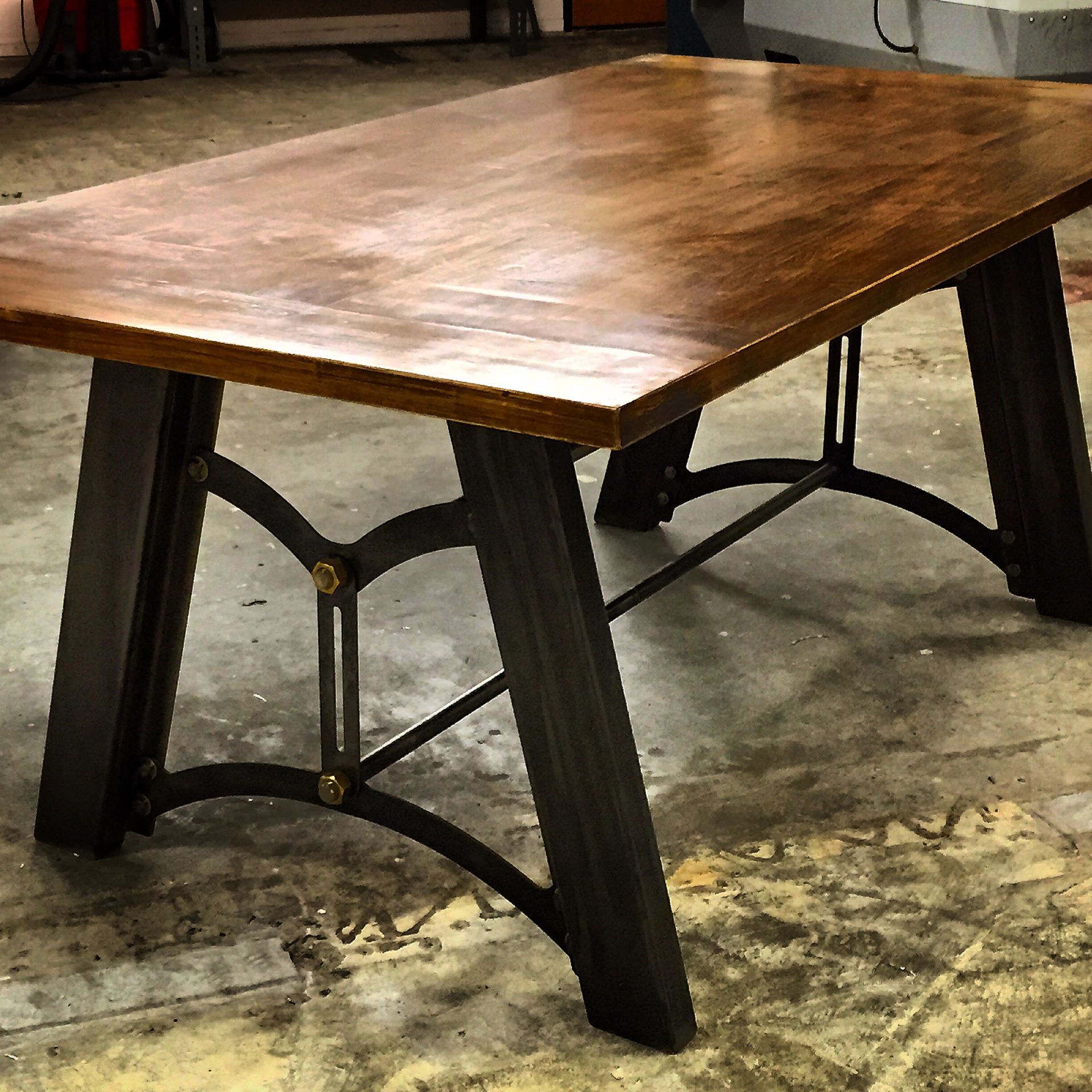 Industrial Metal Base Dining Table With Maple Table Top