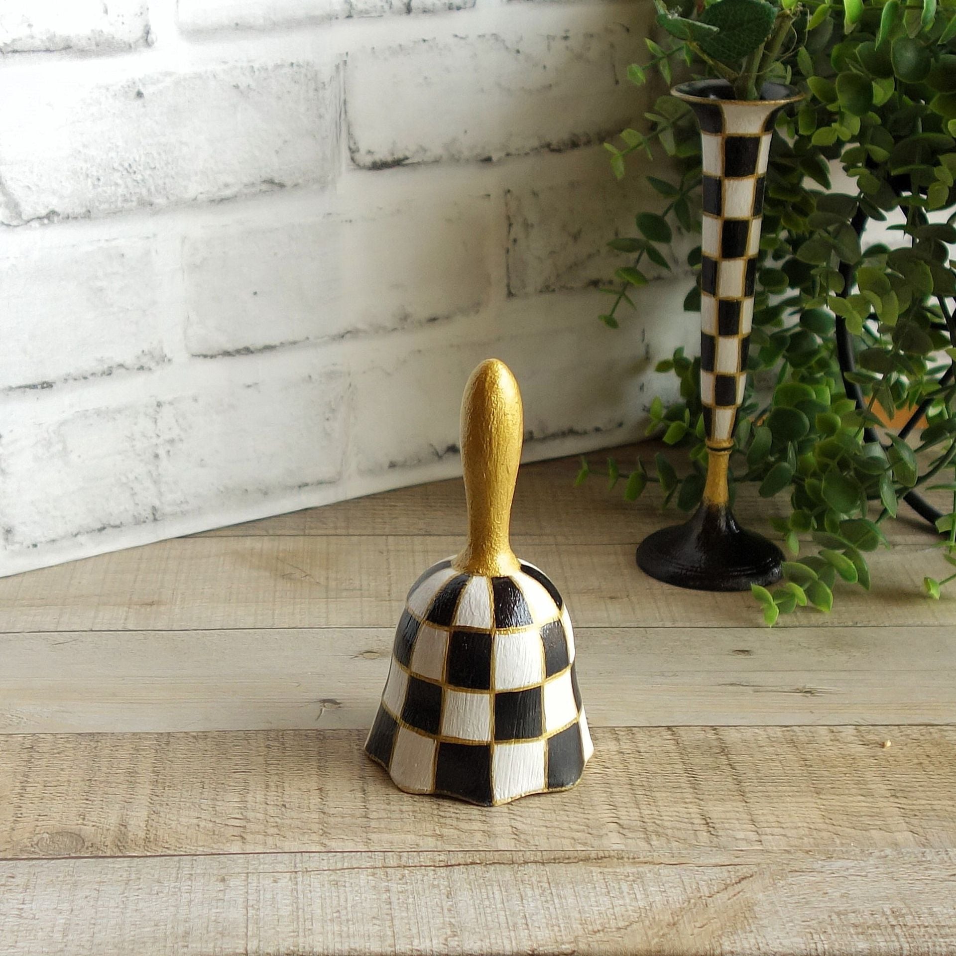 Elegant Checks Bell Black And White Check Decor Hand Painted Collectible Figurin 4 