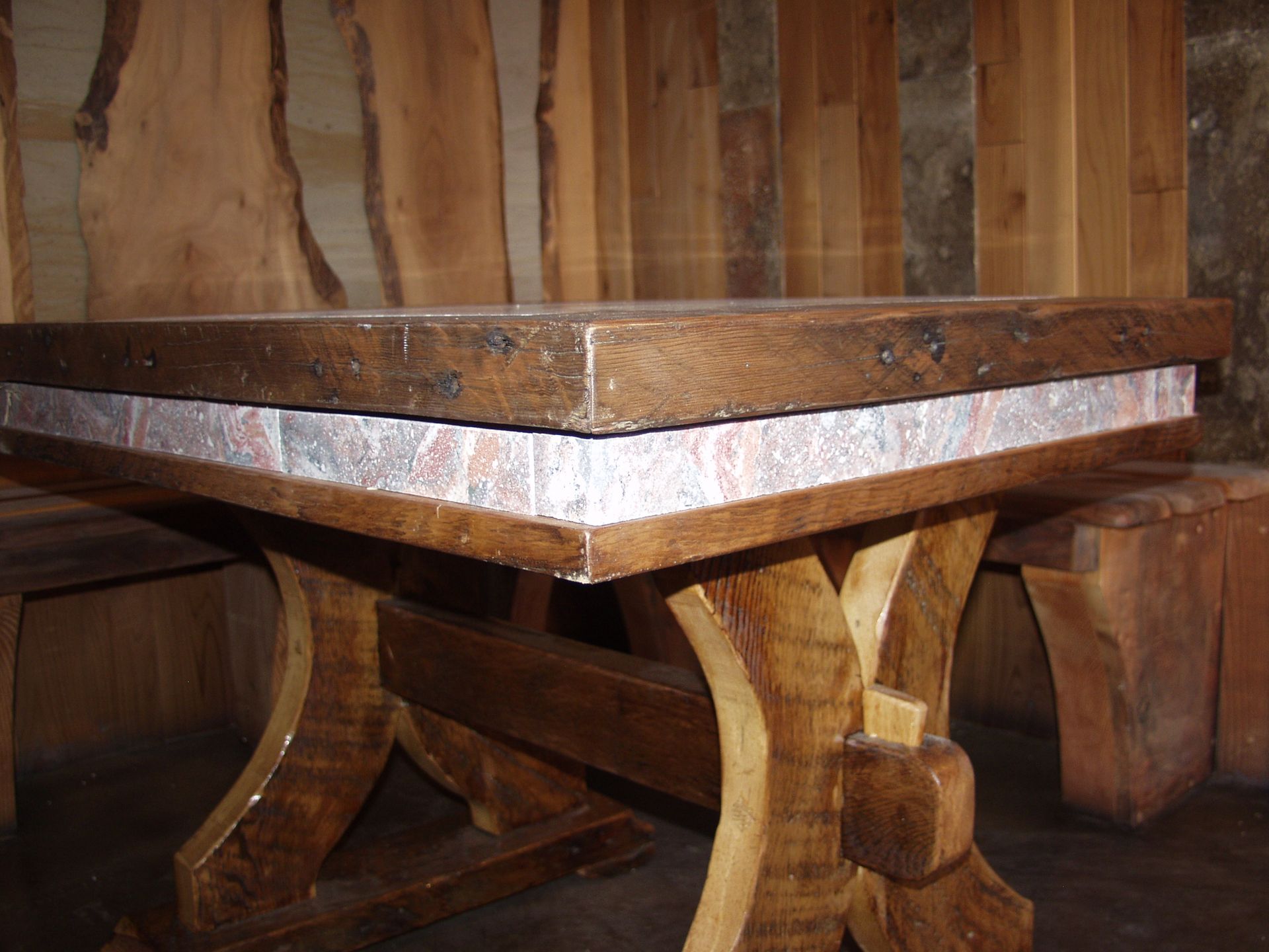 Wood Table, Concrete Scagliola Top , Reclamined Wood Table