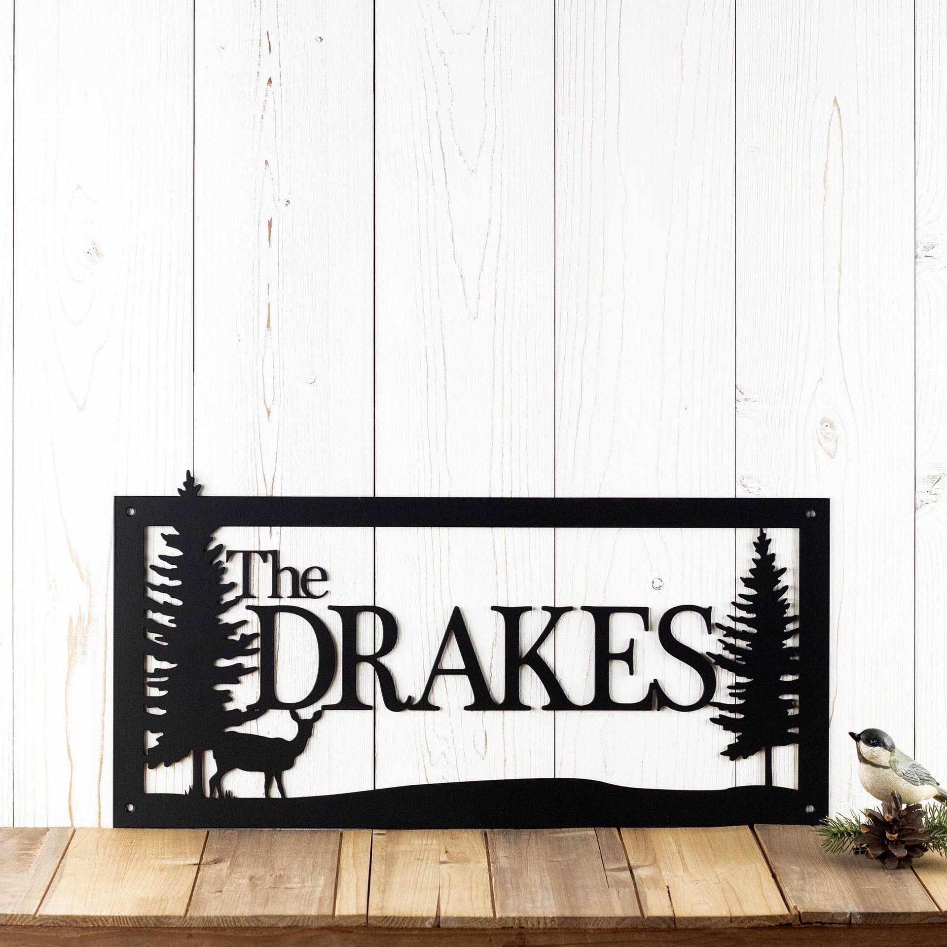 Personalized Rectangular Metal Family Last Name Plaque with Doe Deer and Pine Trees