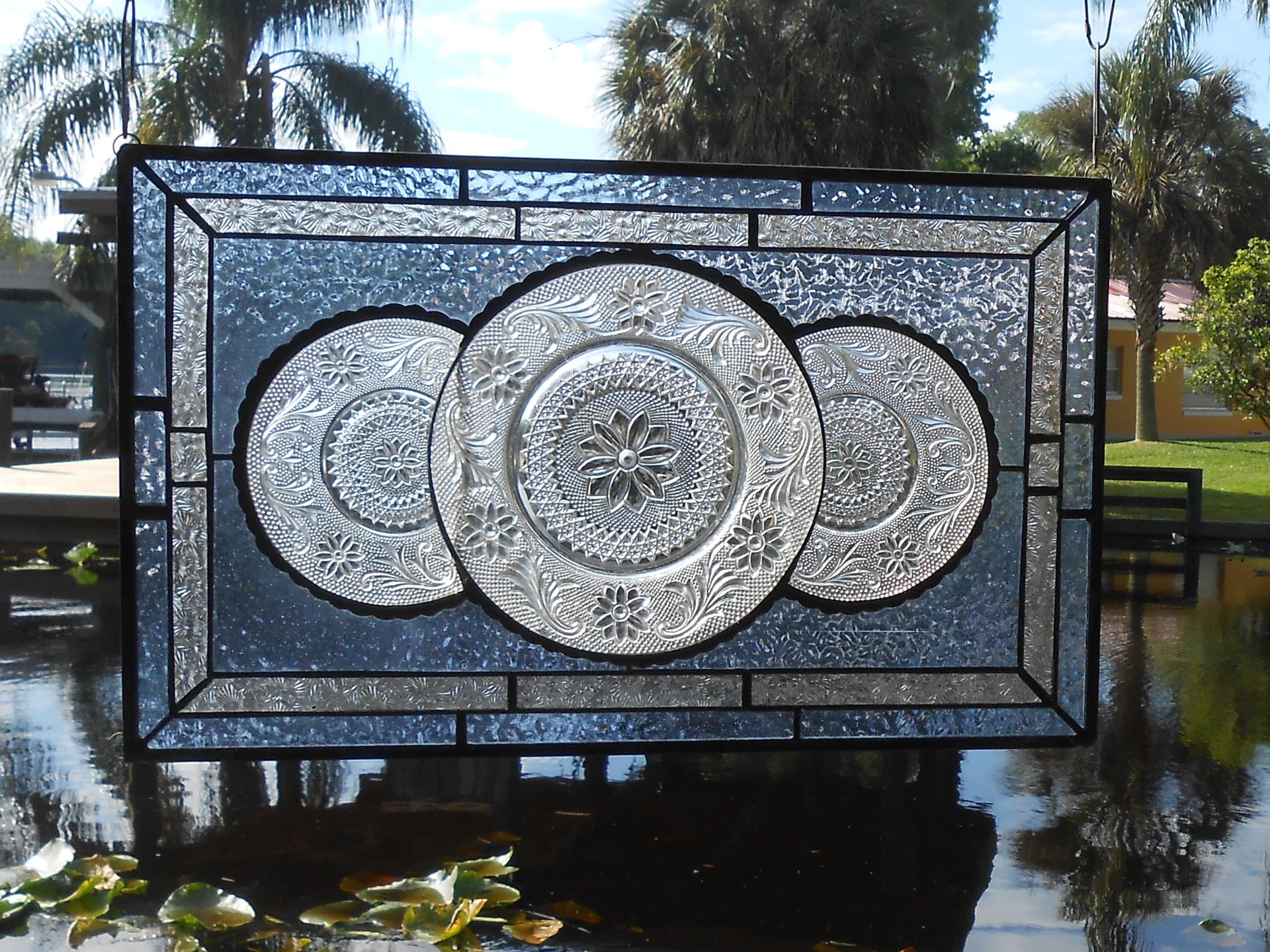 Vintage Look Traditional Stained Glass Transom Window, Tiara Sandwich Glass Plate Panel