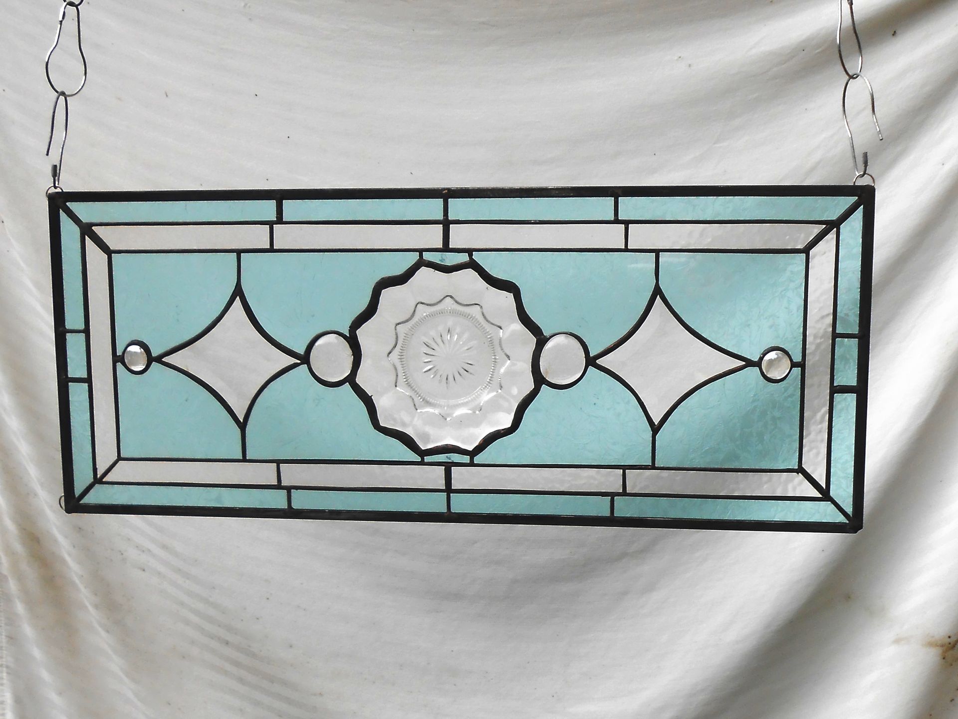 1930s Heisey Depression Glass Stained Glass Panel, Vintage Window Transom W Peerless Plate 4 