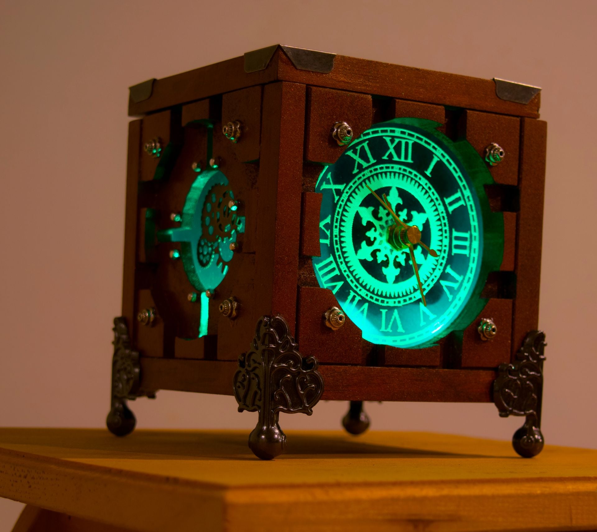 Customized Lighted Wood Steampunk Box Portal Cube Clock 4