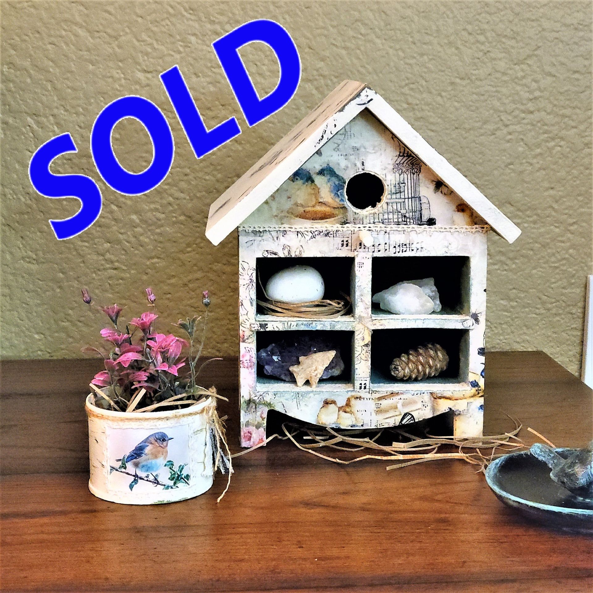 Tabletop Wood Cubby Shelves Blue Bird Cubby Box & Mini Floral, Pigeon Hole Shelf, Miniature Cubby