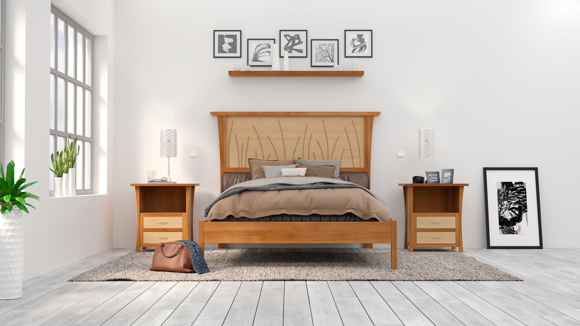 Bed Frame Queen, Headboard, Platform Bed King, Cherry Wood Posts, Maple Panel, "Prairie Platform"