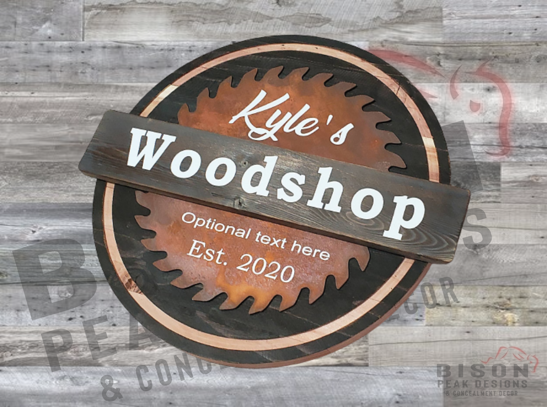 16in Round Wood Sign With Metal Sawblade. Rusted Steel Sawblade. Personalized Woodshop Sign. 2 