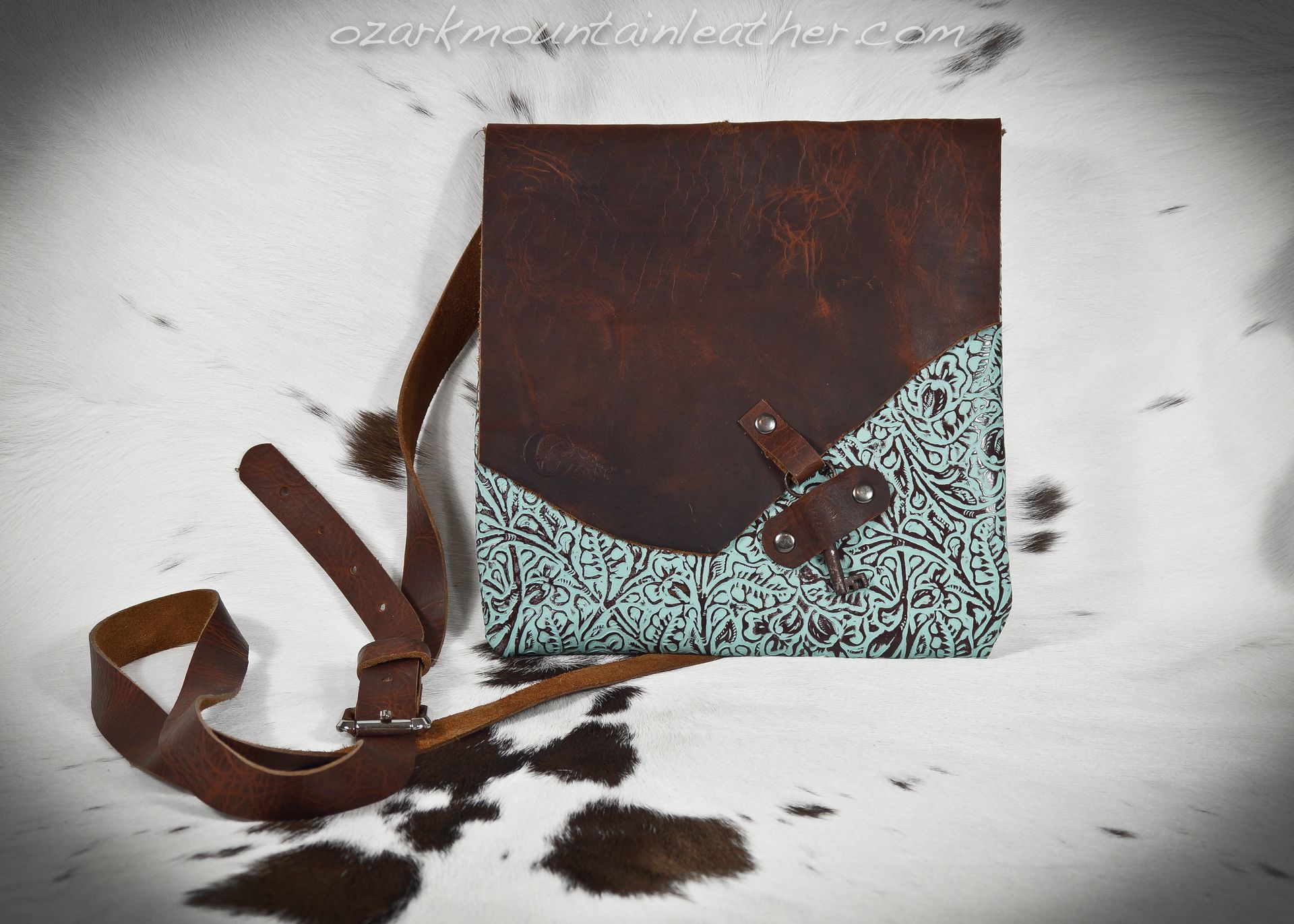 Bison And Turquoise Leather Cross Body Bag With Skeleton Key Closure 2