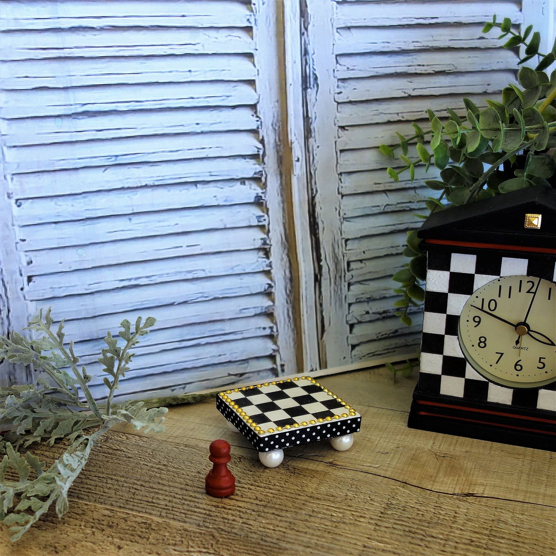 Whimsical Check Mini Riser Checkerboard Tile Chessboard Riser Handpainted Decor 2 