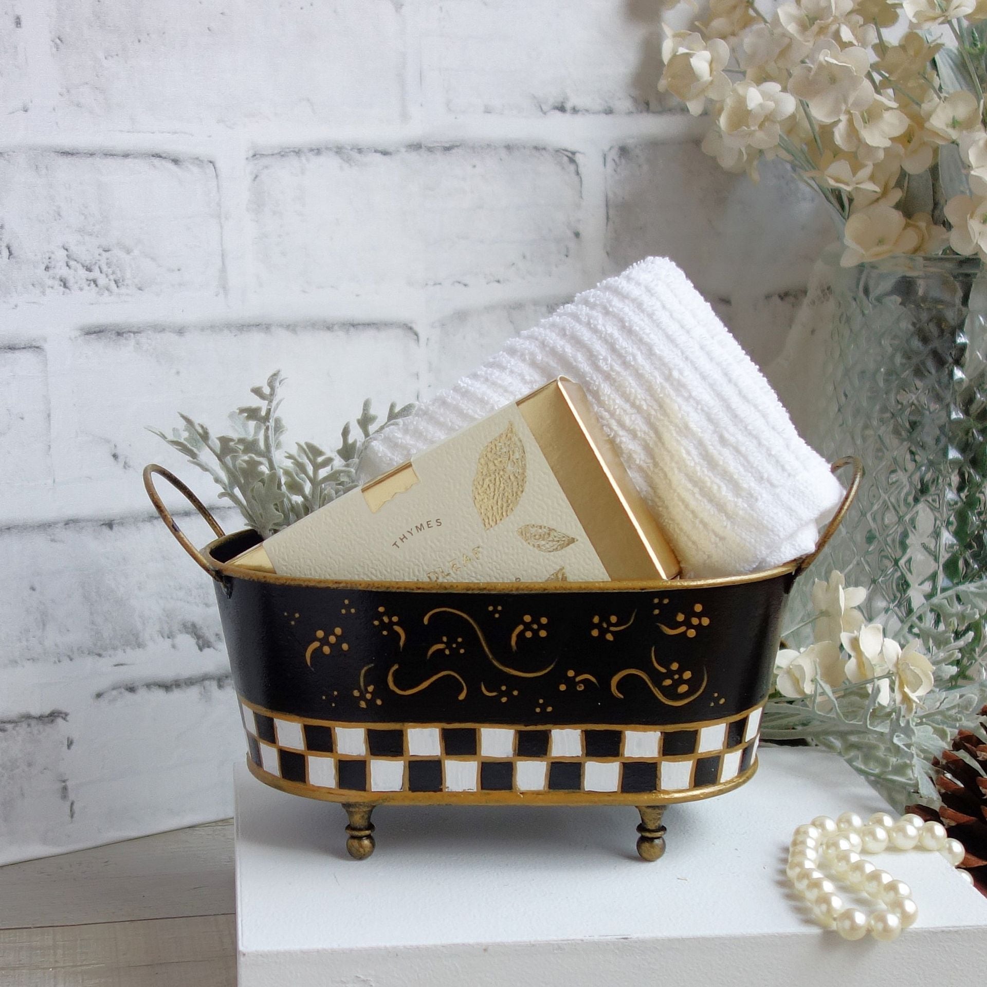 Vintage Check Small Towel Caddy Holder Black And White Check Vanity Organizer 2 