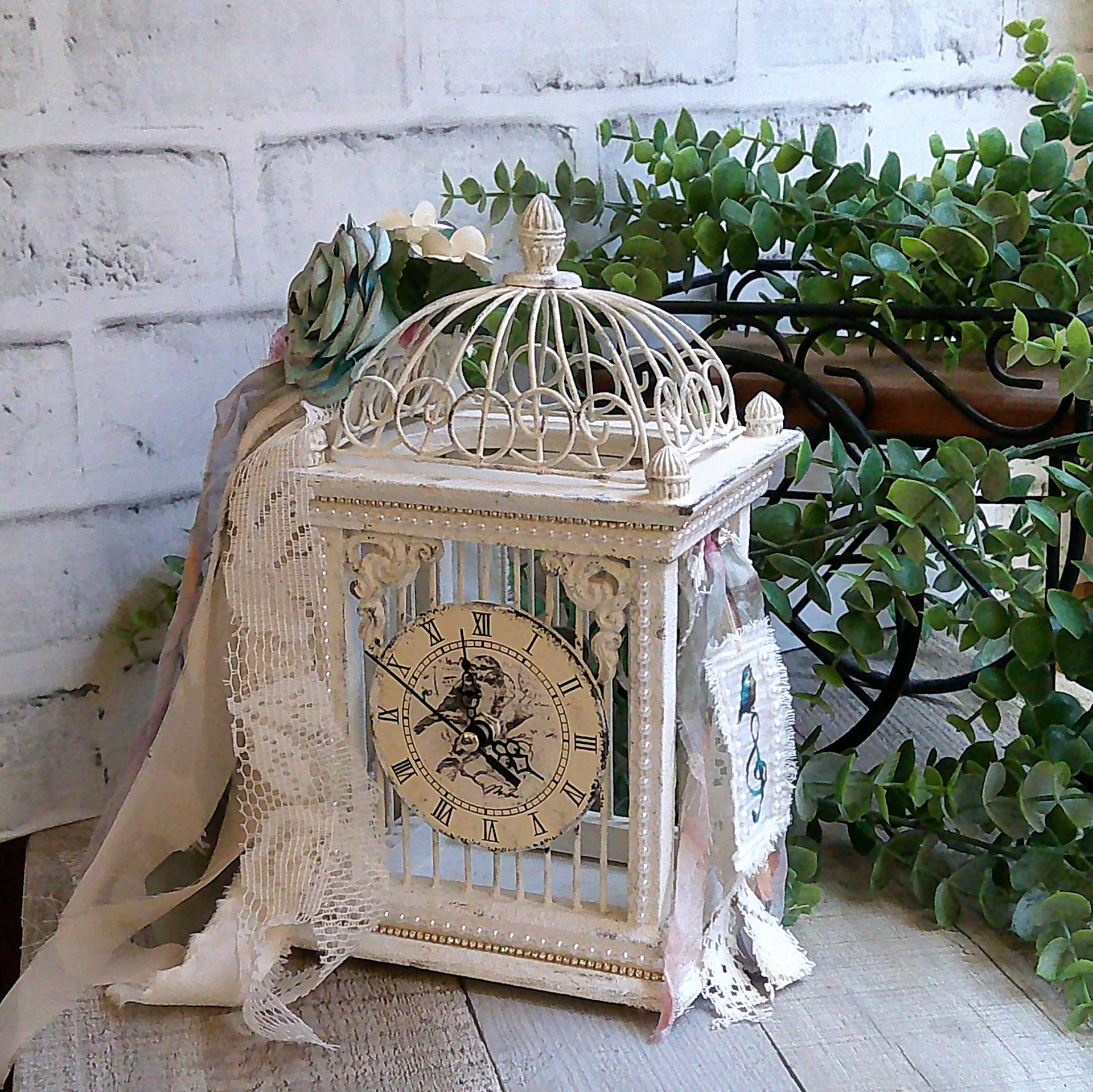 Bird Cage Clock Blue Shabby Chic Decor Handmade Vintage Roses 5 