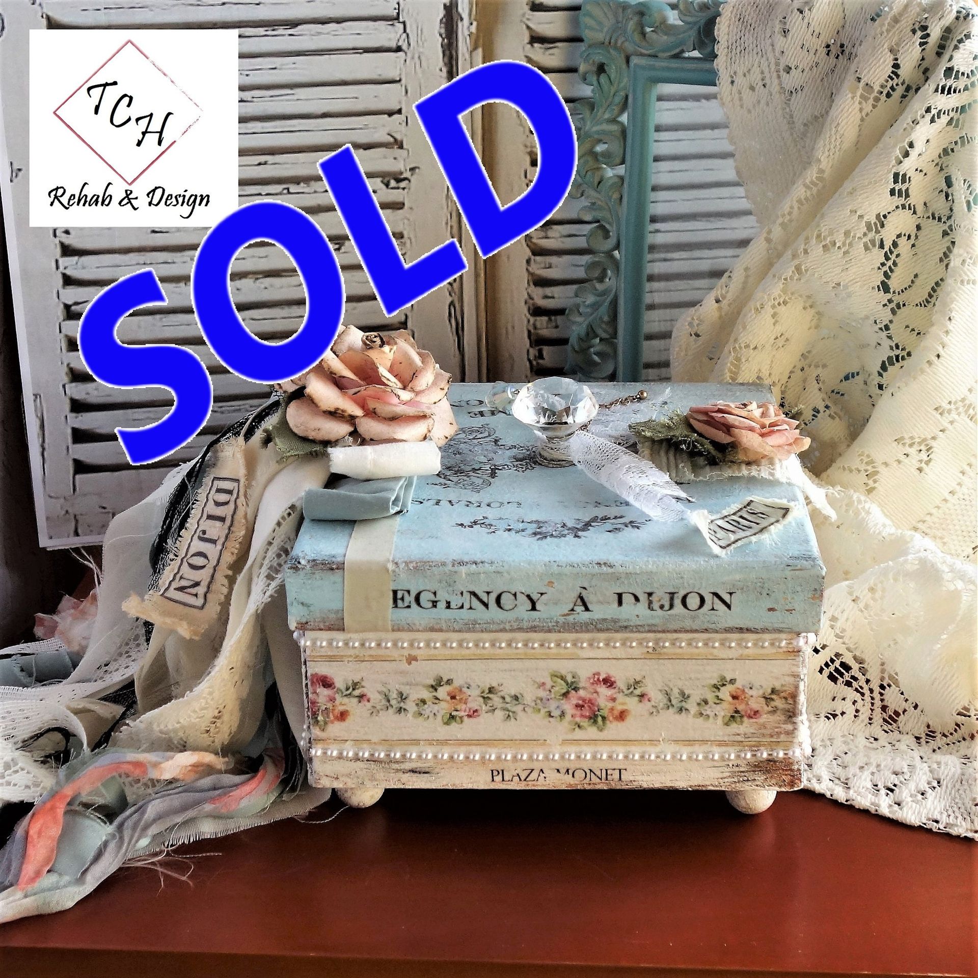 Decorative Box Antique Rose Decor Blue Shabby Chic Vintage Style